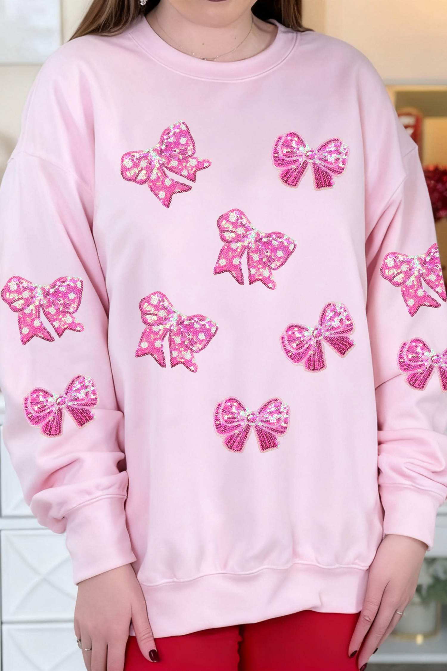 Pink Sequined Bow Patched Pattern Pullover Sweatshirt - loveforevers