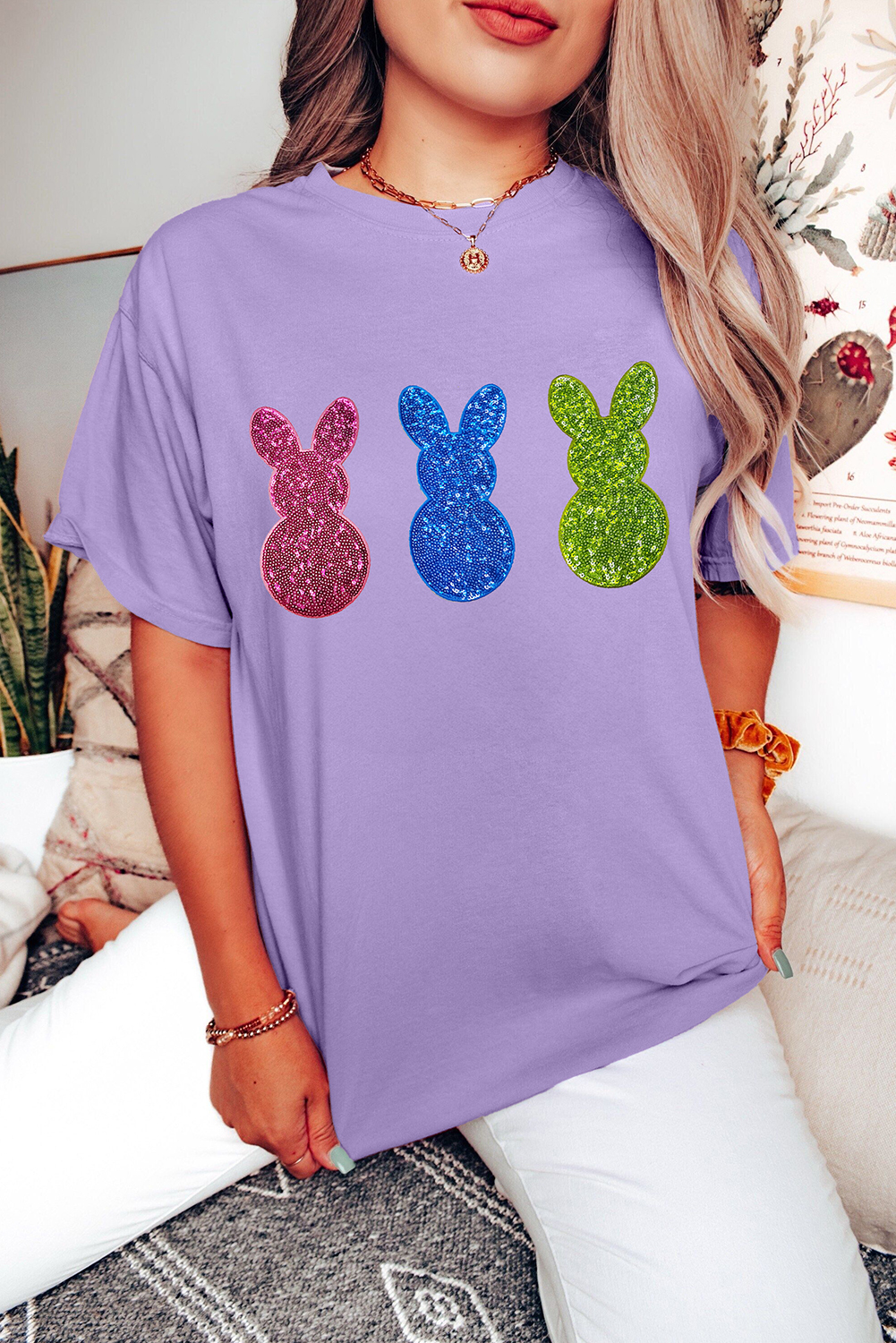 Wisteria Easter Shiny Bunny Graphic Crewneck T Shirt - loveforevers