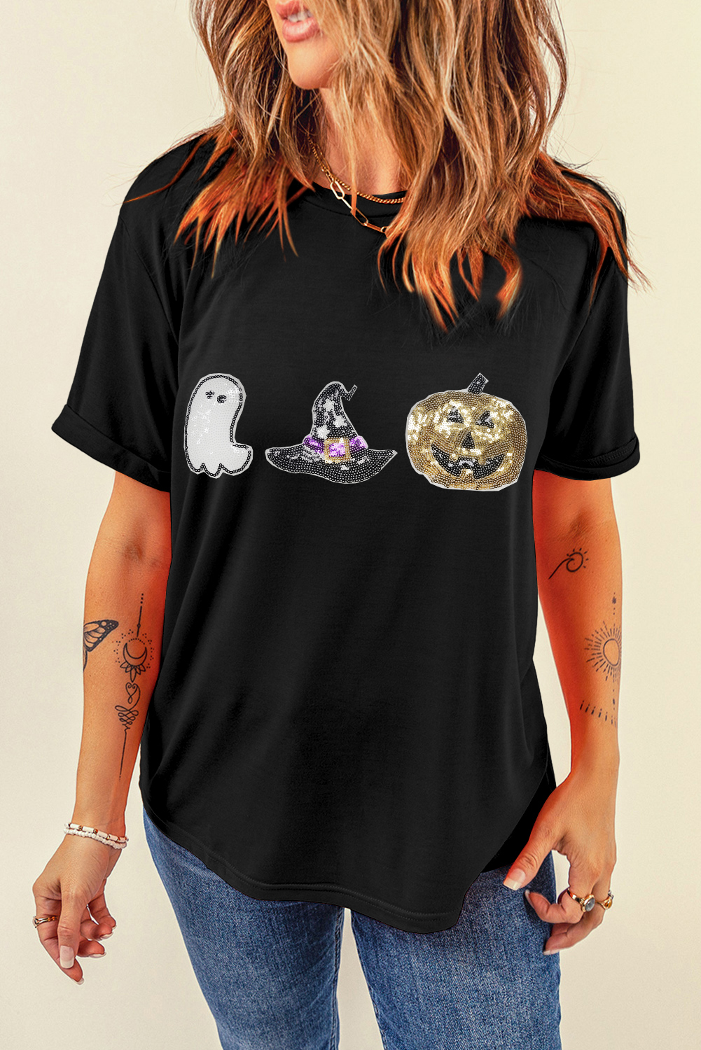 Black Halloween Sequin Pattern Patched Crewneck Tee - loveforevers