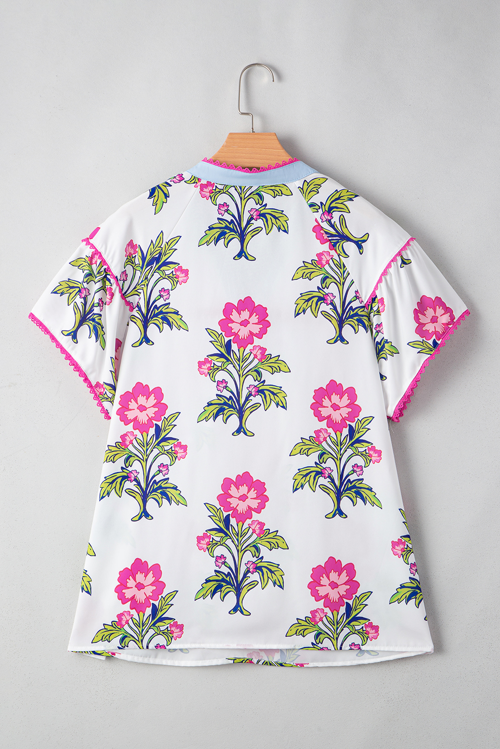 Rose Vintage Floral Print Contrast Notched V Neck Plus Size Summer Blouse - loveforevers