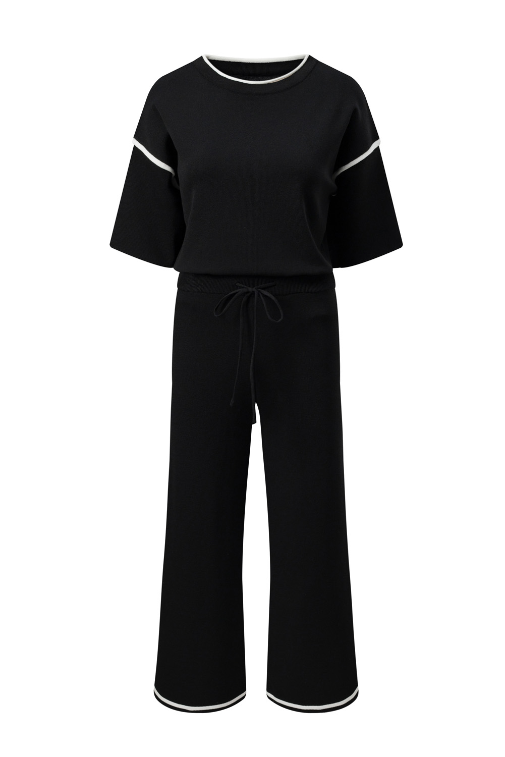 Blackish Green Contrast Trim Half Sleeve Top Drawstring Pants Loose 2pcs Sweater Suit - loveforevers