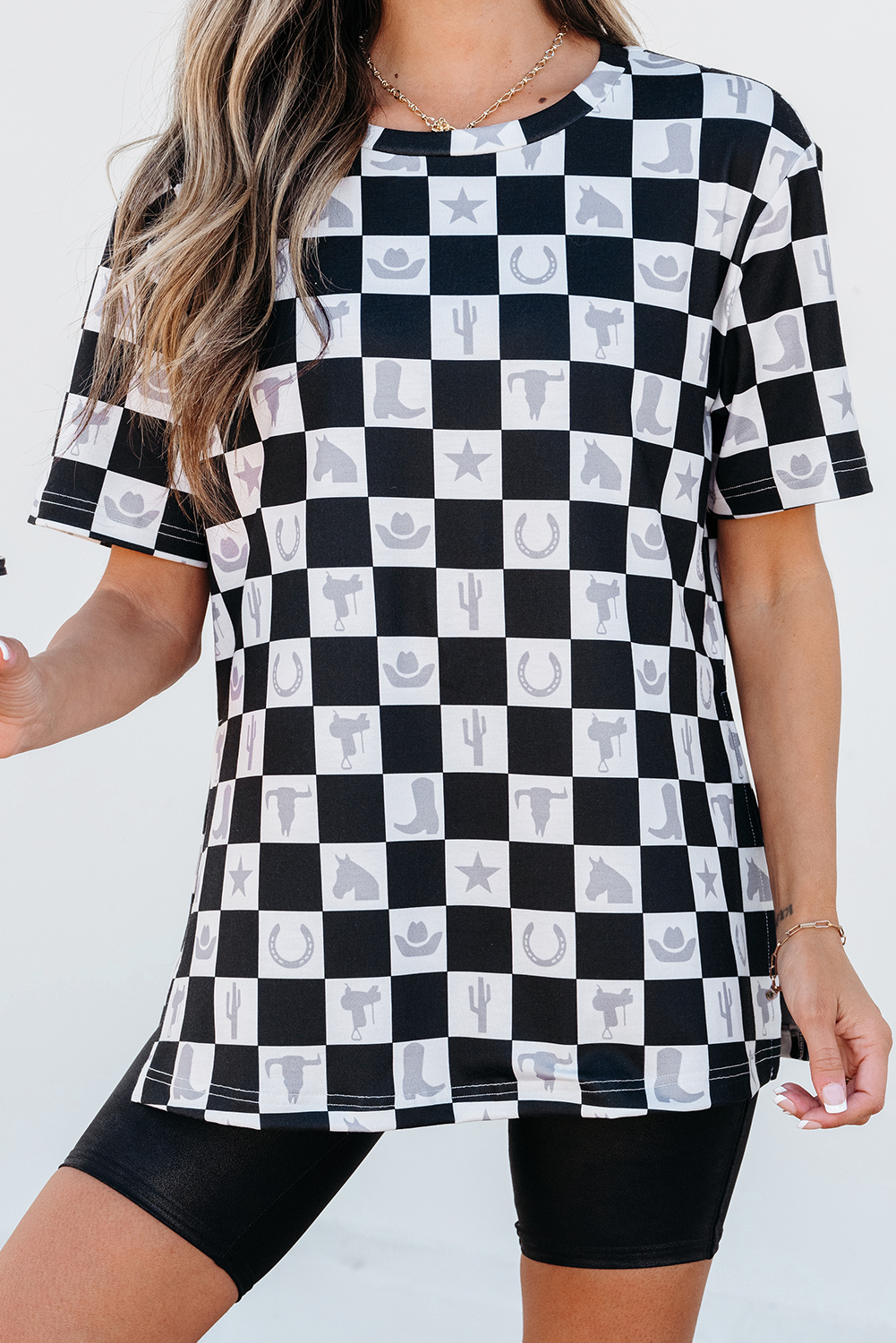 Black Western Fashion Checkerboard Print Side Split T Shirt - loveforevers