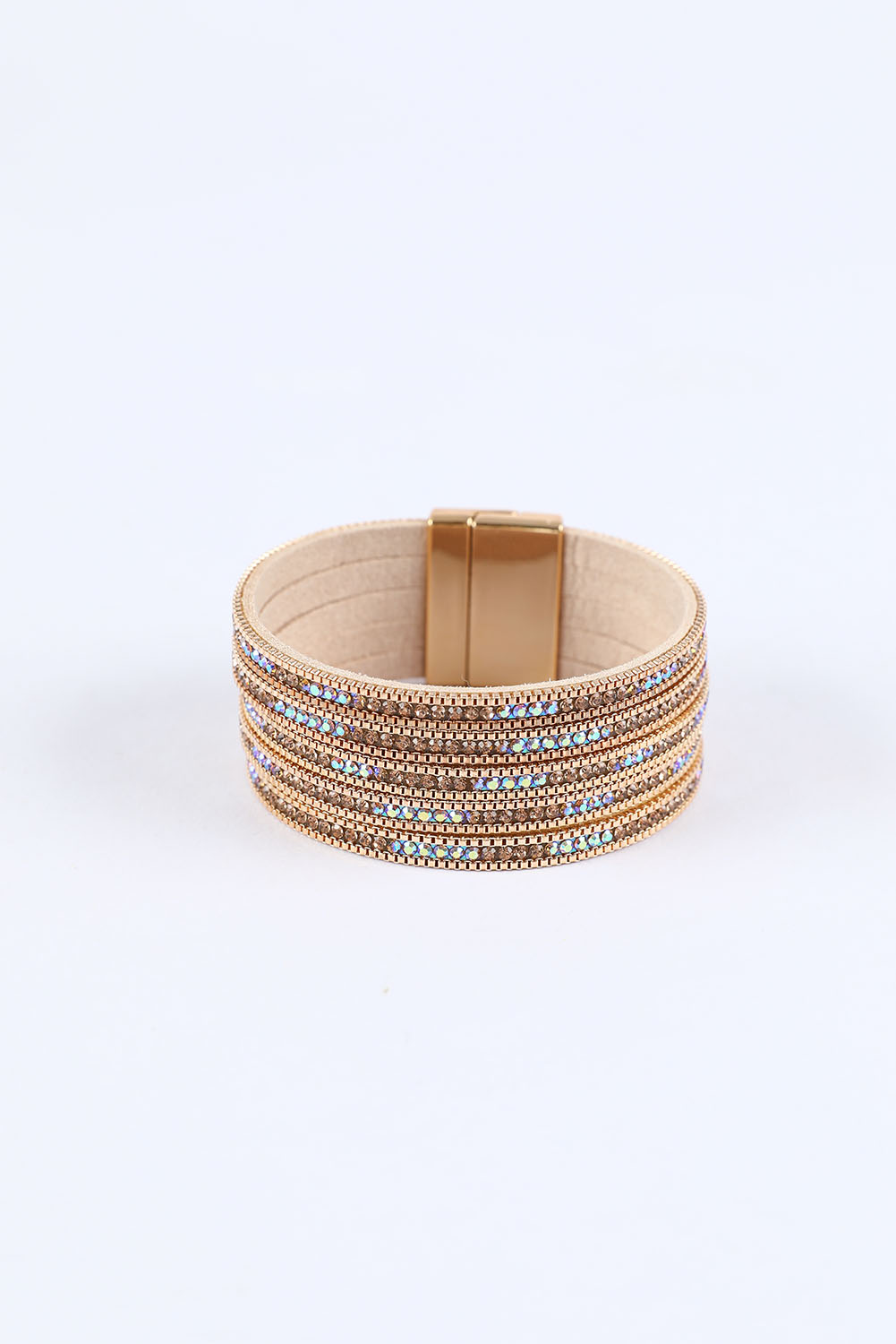 Gold Full Diamond Leather Wide Plated Magnetic Buckle Bracelet - loveforevers