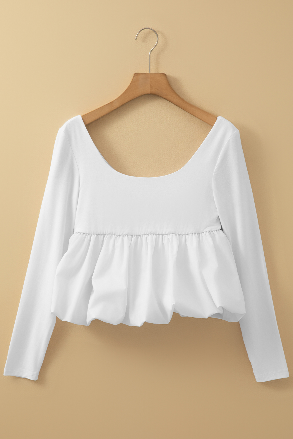 White U Neck Long Sleeve Bubble Hem Top - loveforevers