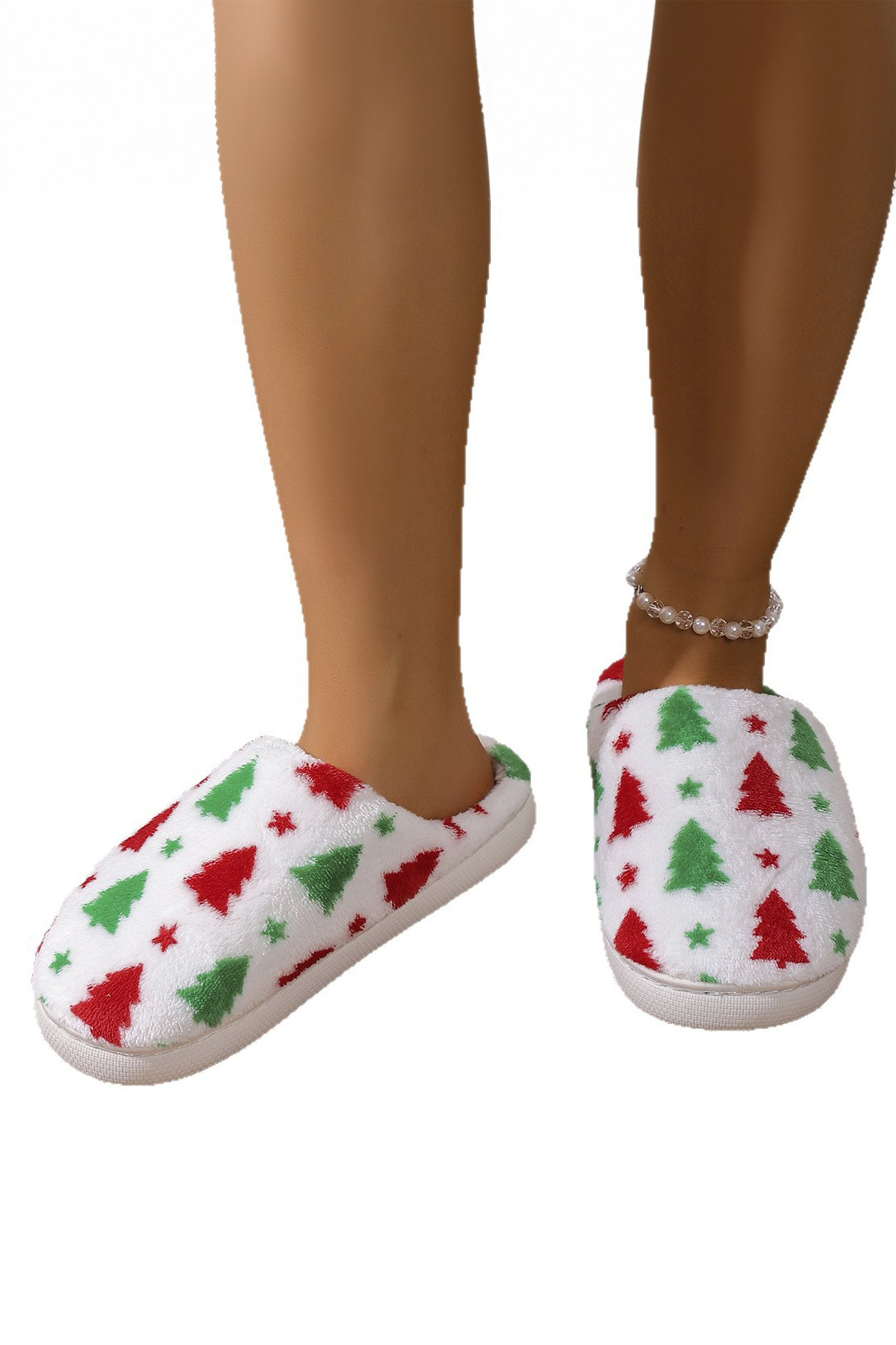 White Christmas Tree Star Printed Plush House Slippers - loveforevers