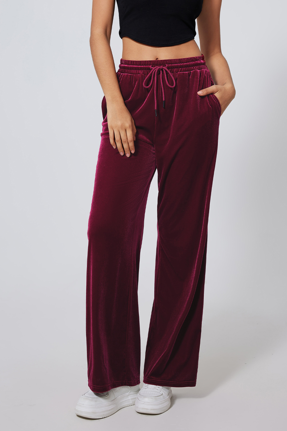 Evergreen Solid Drawstring Waist Wide Leg Pants - loveforevers