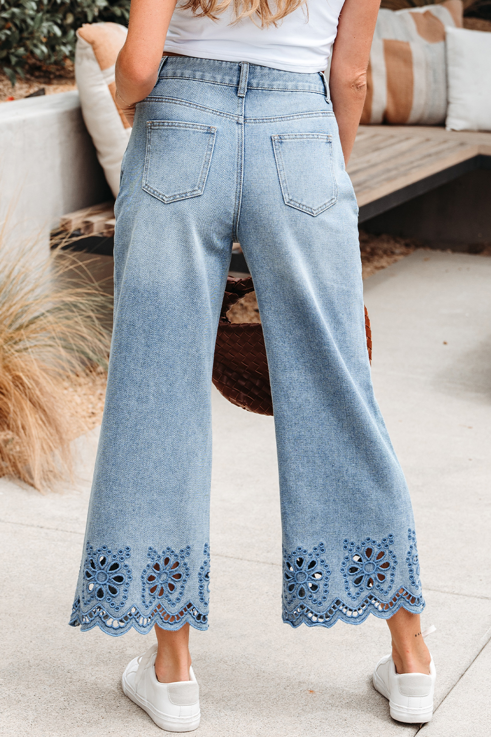 Dusk Blue Embroidered Cropped Wide Leg High Waist Jeans - loveforevers
