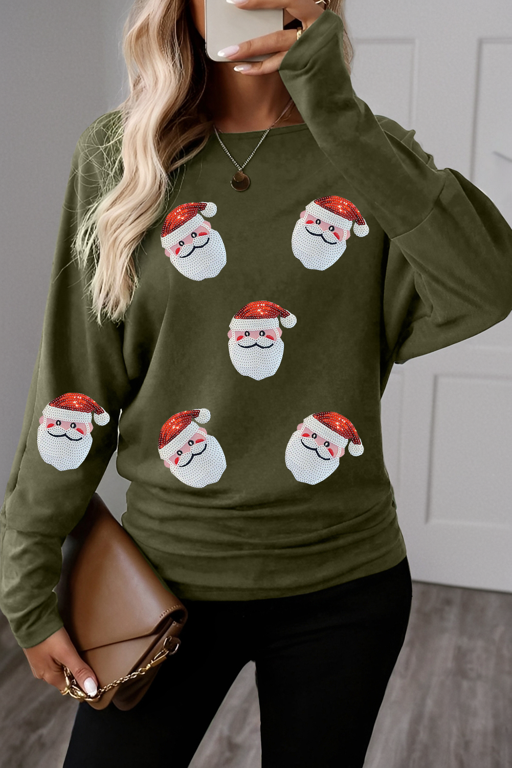 Four Leaf Clover Sequin Santa Claus Patched Dolman Long Sleeve Top - loveforevers