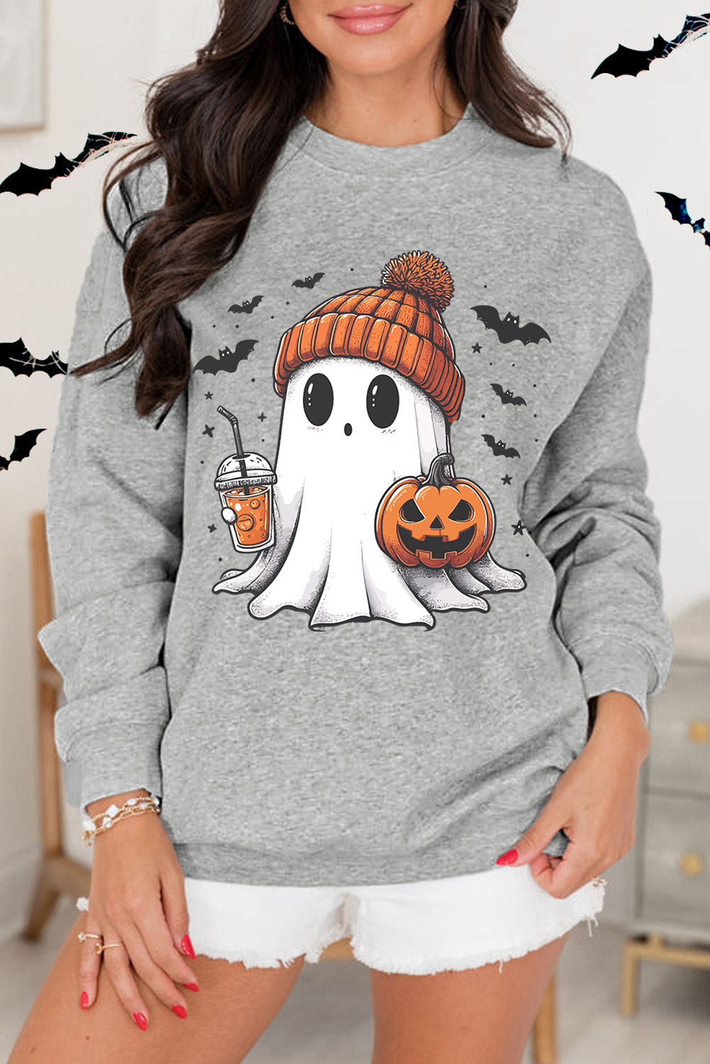 Gray Halloween Ghost Print Crewneck Drop Shoulder Sweatshirt - loveforevers