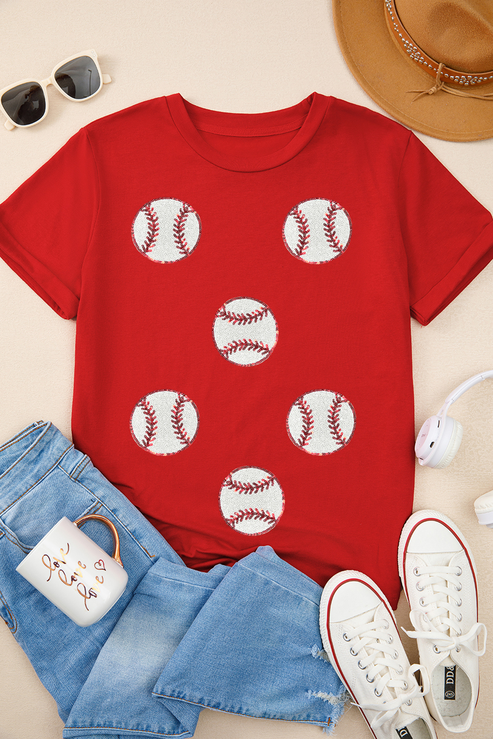 Red Glittering Rugby Pattern Crew Neck Game Day T Shirt - loveforevers