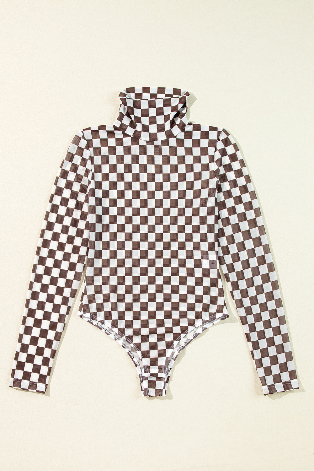 Khaki Checkered Pattern Mesh Mock Neck Long Sleeve Top - loveforevers