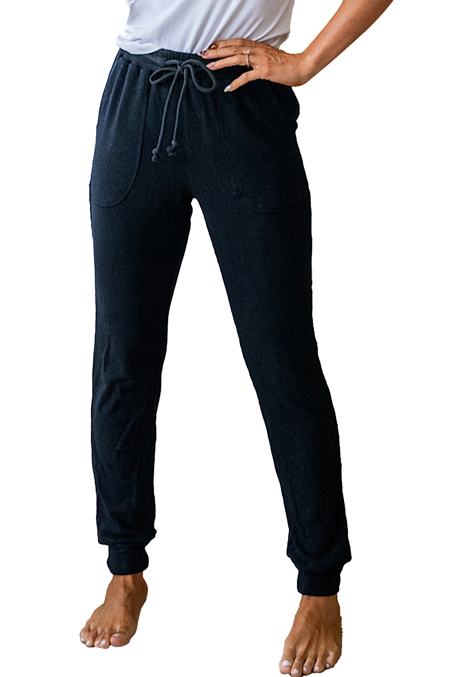 Black Ribbed Drawstring Active Jogger Pants - loveforevers