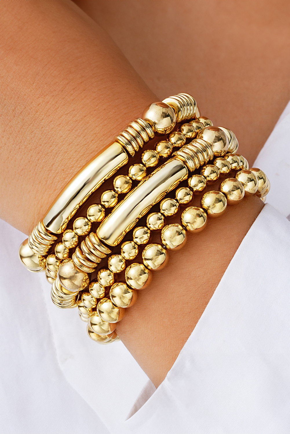 Gold Layered Plated Alloy Beaded Elastic Bracelet Set - loveforevers
