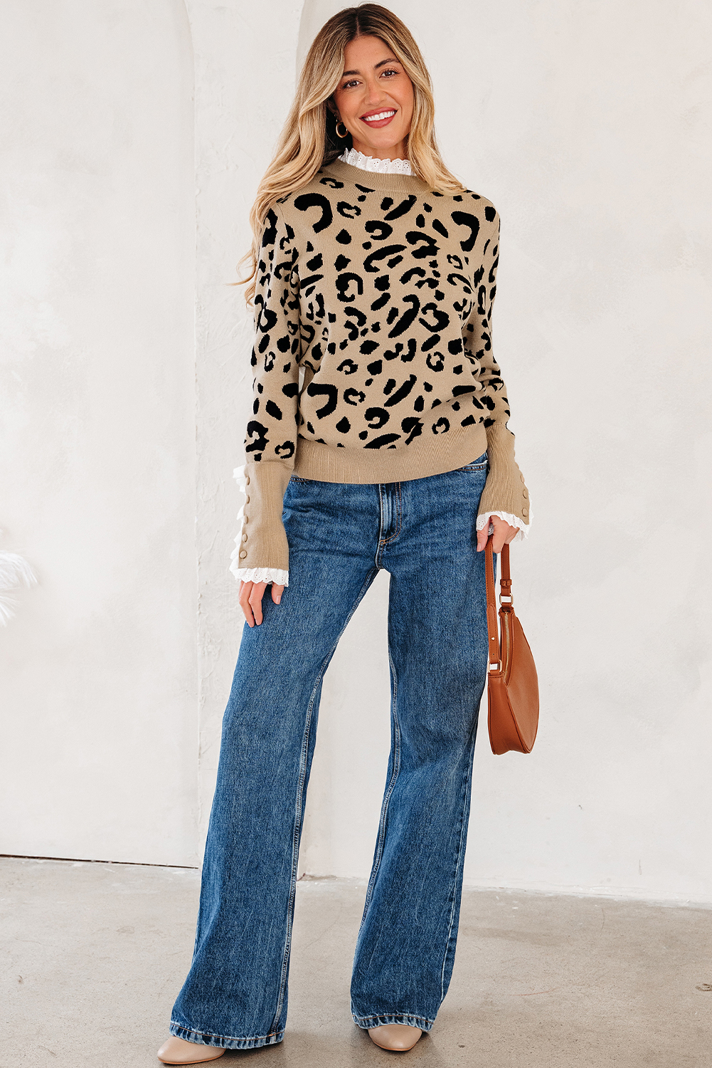 Dearlovers Brown Leopard Pattern Lace Ribbed Detail Button Cuffed Sweater - loveforevers
