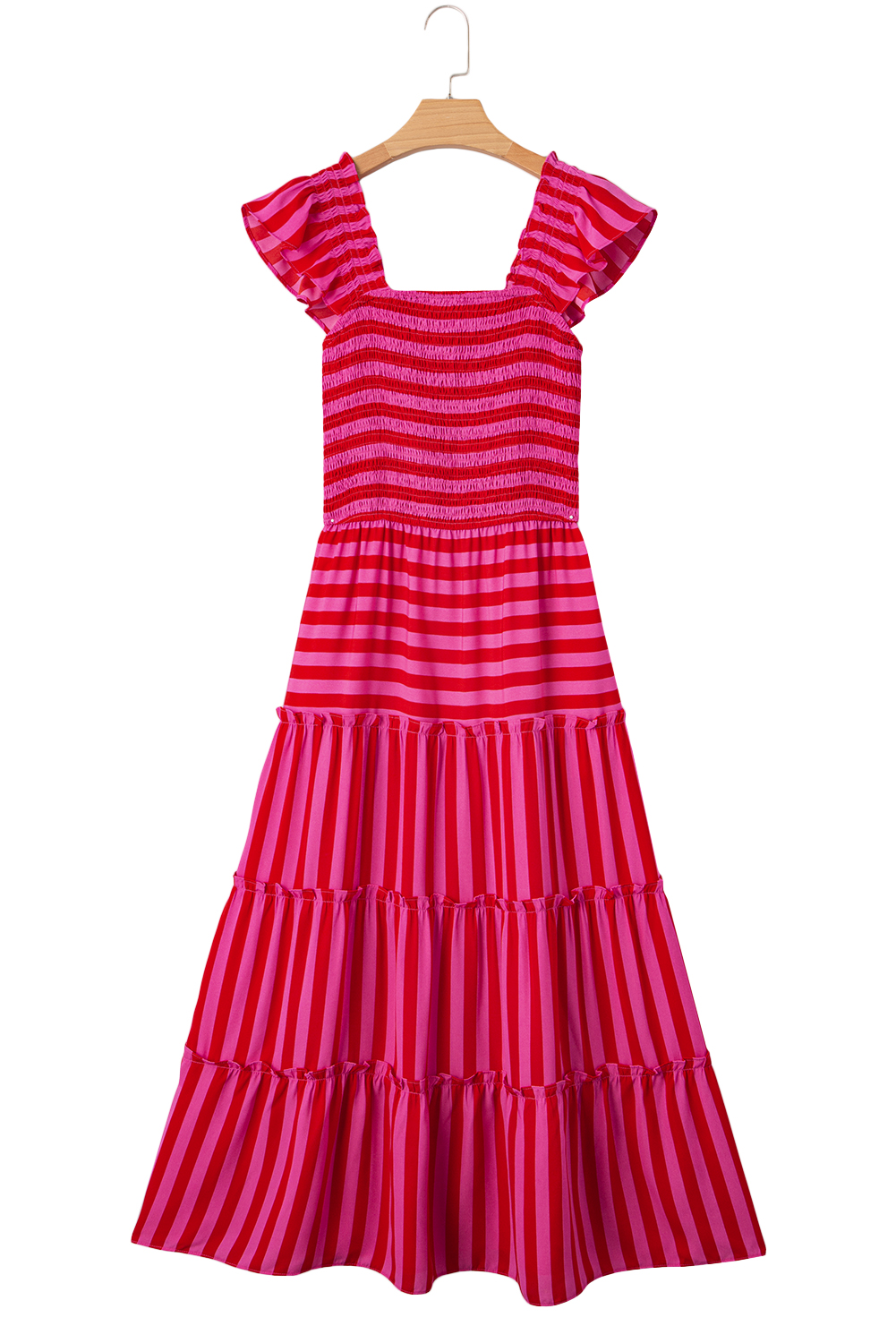 Rose Stripe Flutter Sleeve Smocked Bodice Tiered Maxi Dress - loveforevers