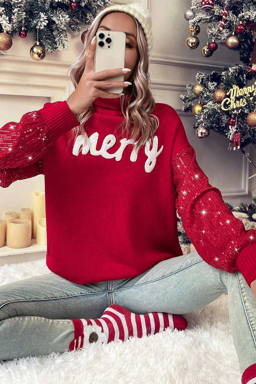 Fiery Red Merry Letter Embroidered High Neck Sweater - loveforevers