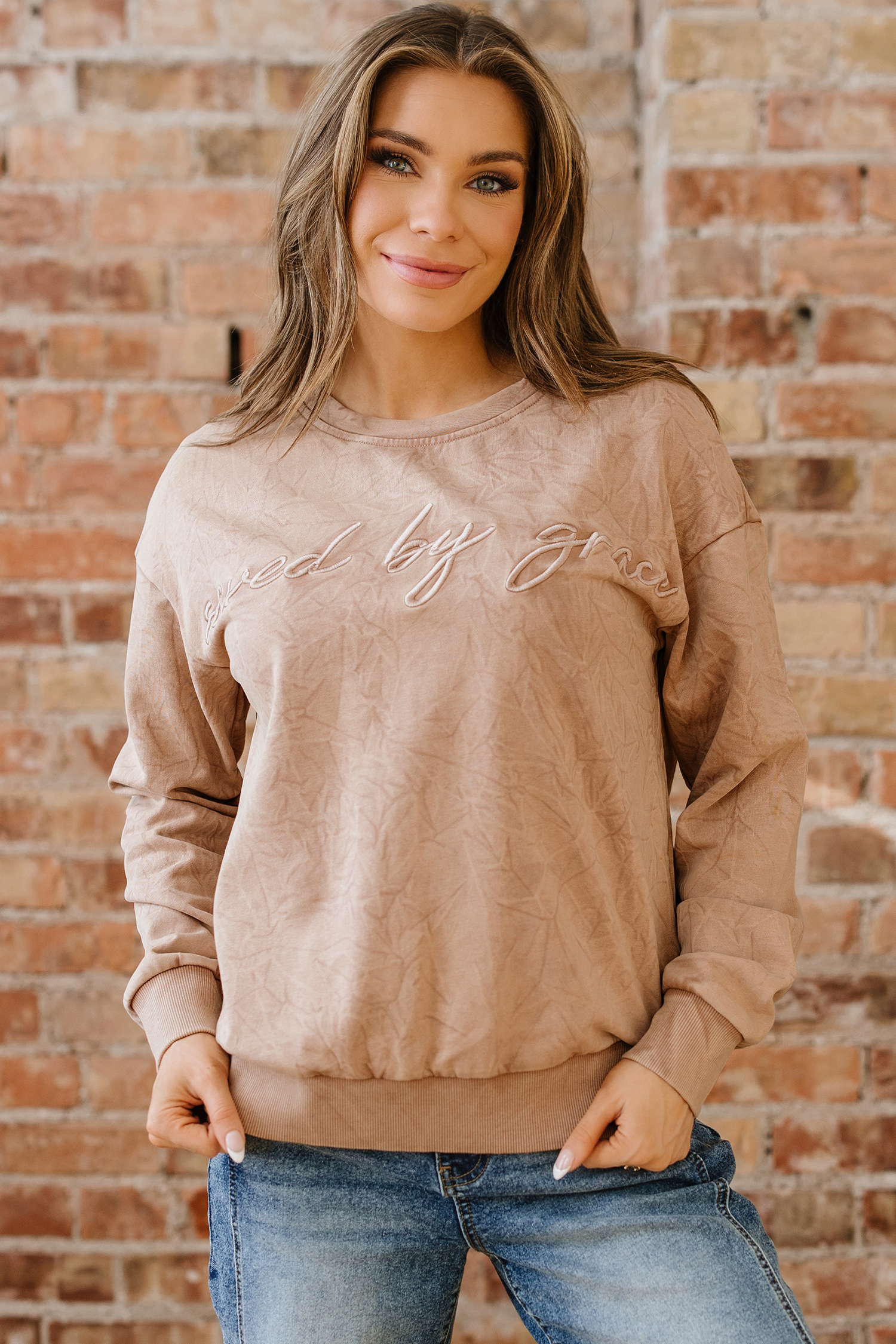 DUNE saved by grace Letter Embroidery Mineral Wash Loose Sweatshirt - loveforevers