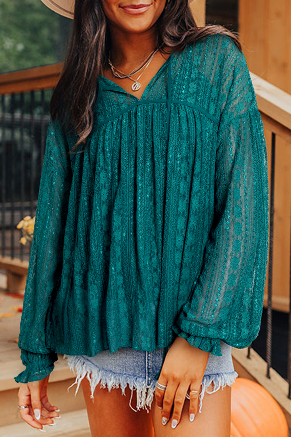Evergreen Sheer Lace Balloon Sleeve Babydoll Blouse - loveforevers