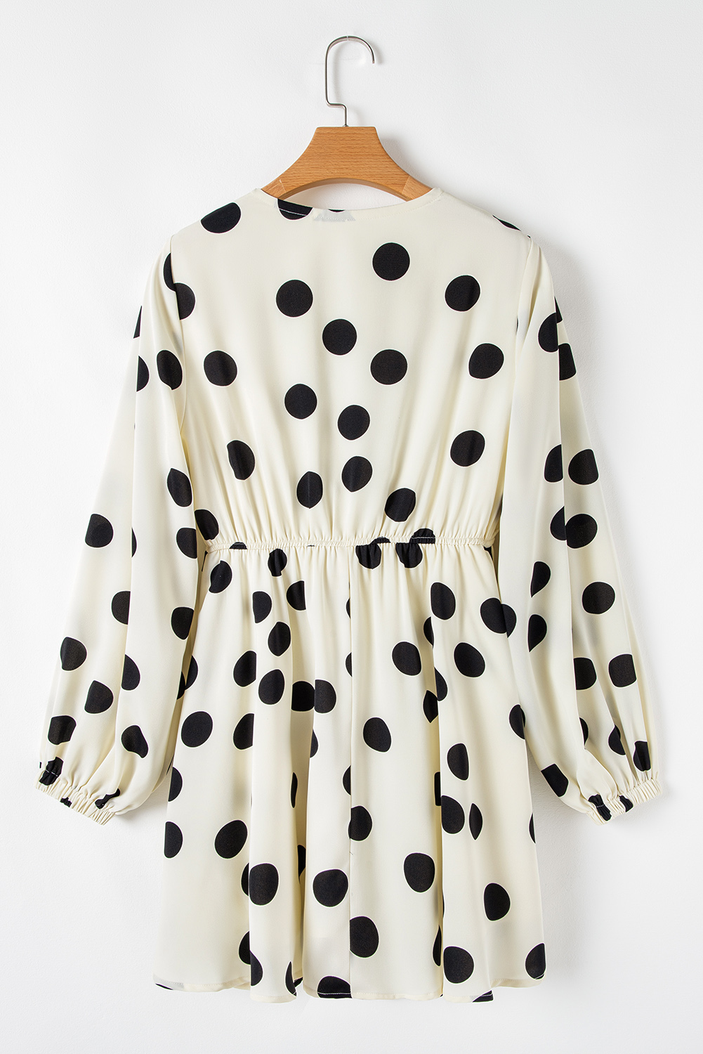 Beige Polka Dot Printed Surplice V Neck Puff Sleeve Mini Dress - loveforevers