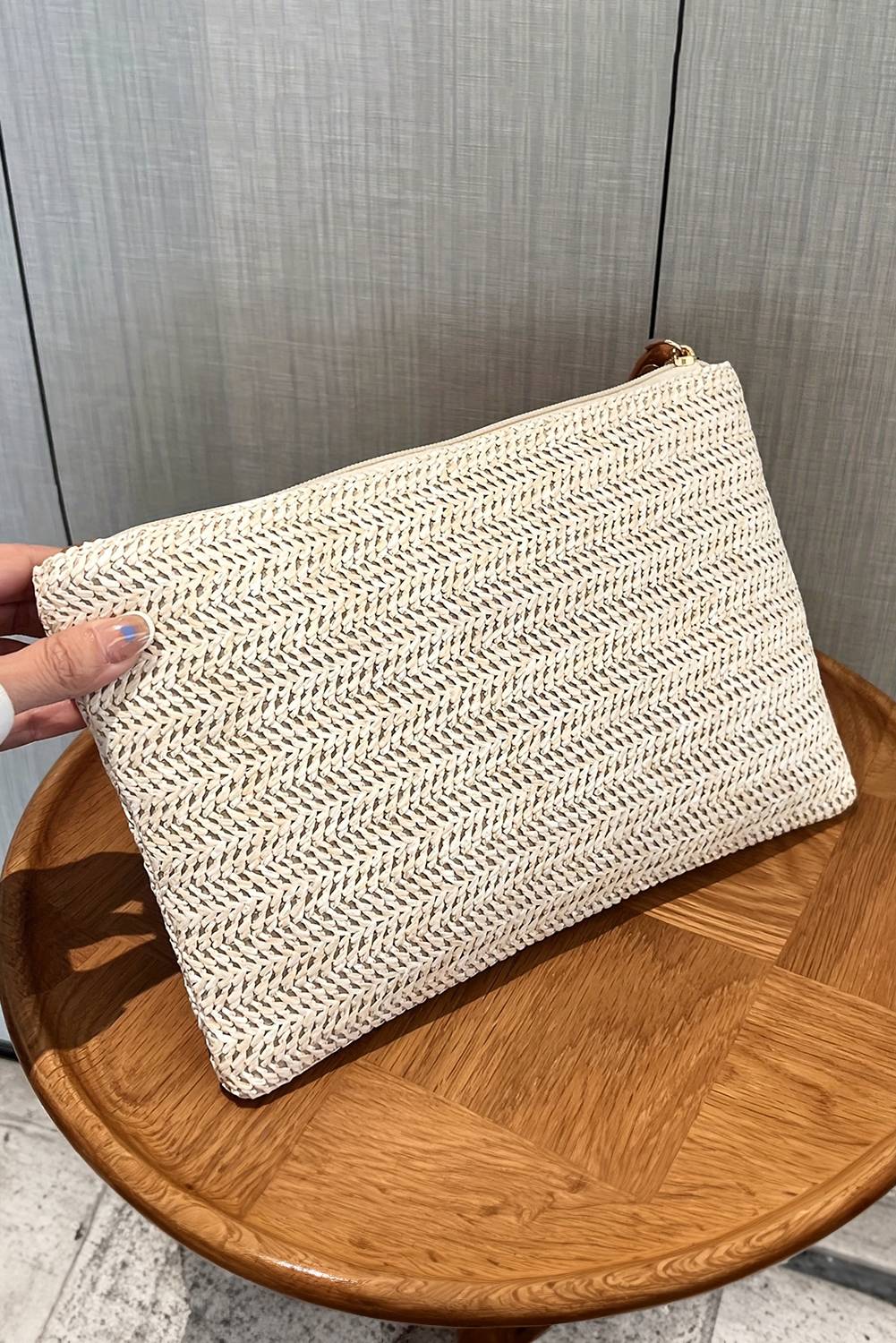 Oatmeal Straw Woven Wrist Strap Zipper Large Wallet - loveforevers