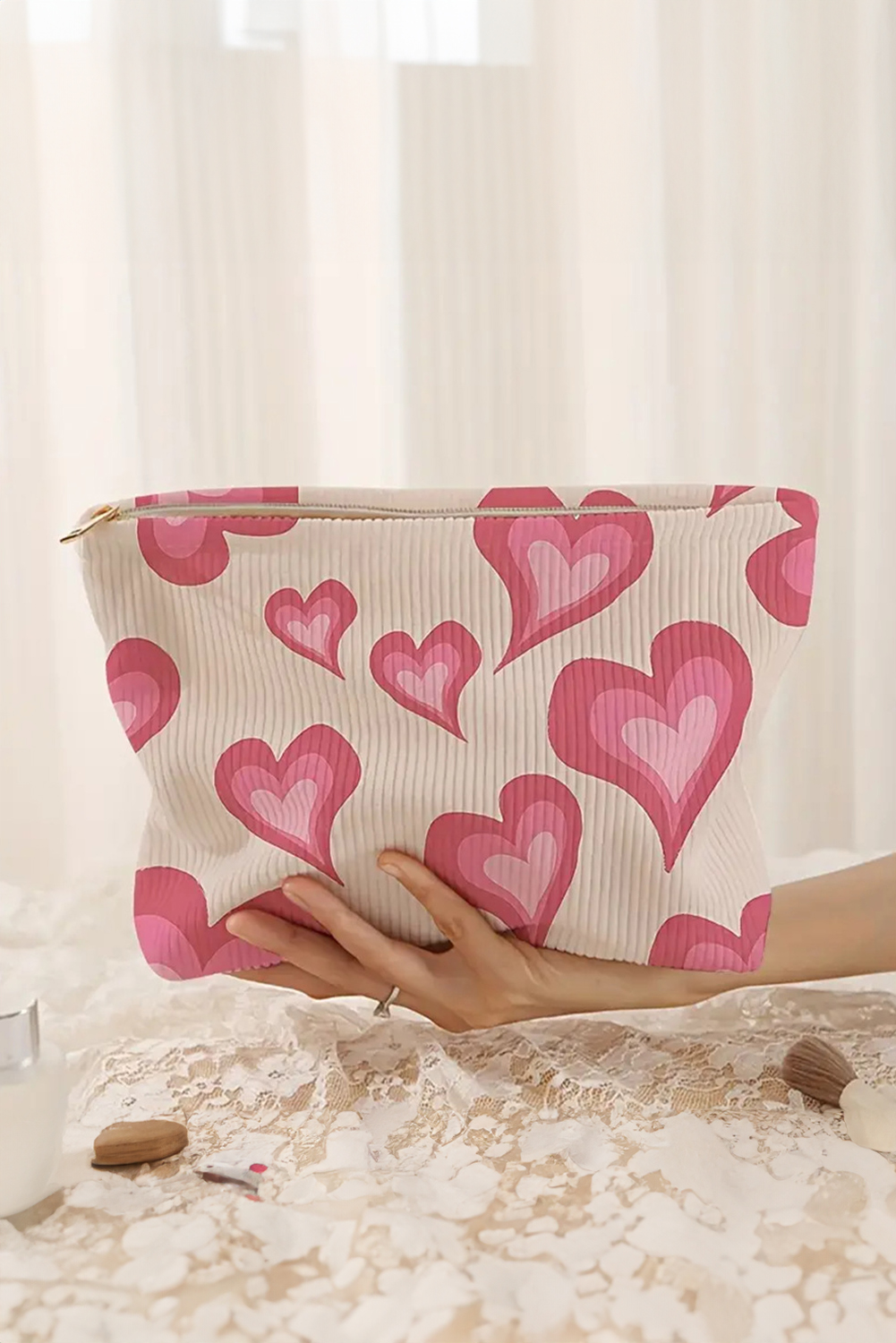 White Hearts Print Zipper Corduroy Large Cosmetic Bag - loveforevers