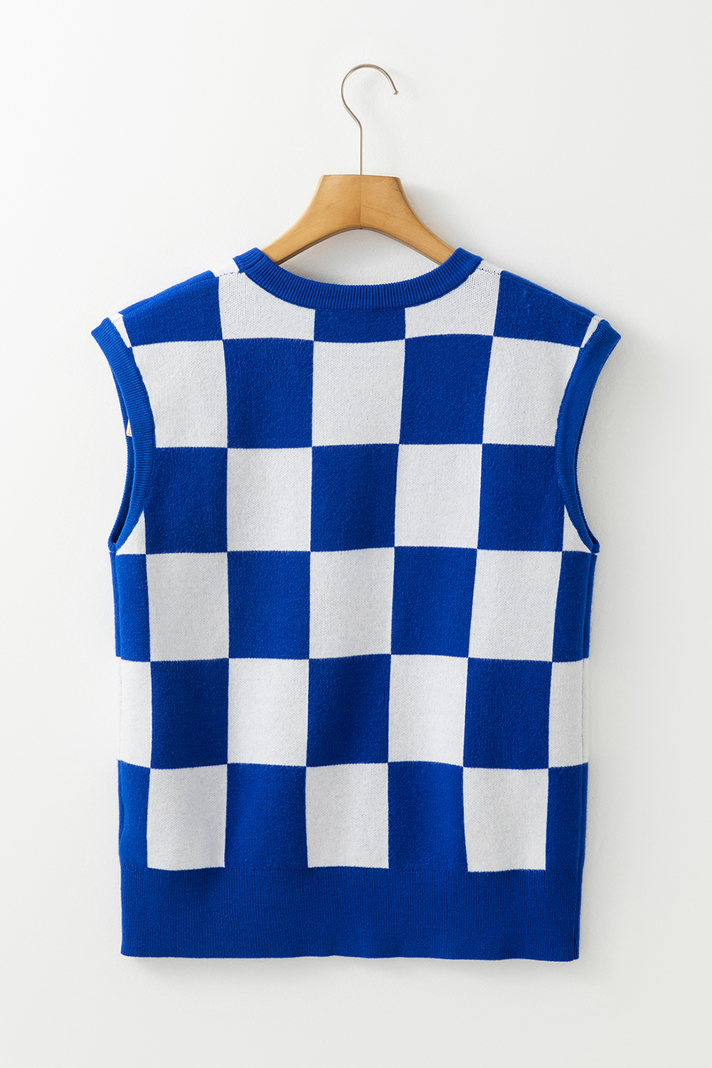 Dark Blue Cherckerboard Round Neck Sweater Vest - loveforevers