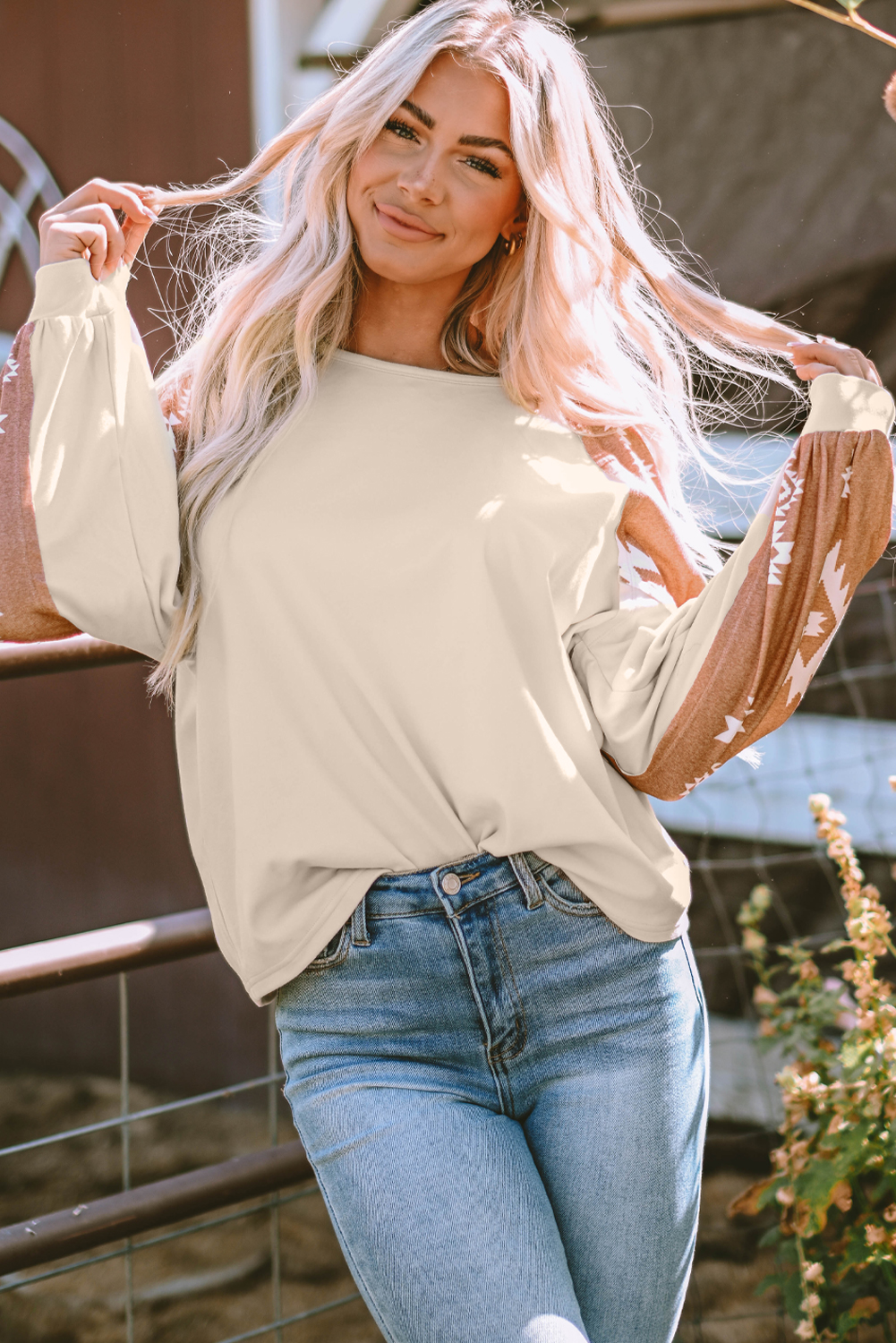 Apricot Western Print Patch Long Sleeve Top - loveforevers
