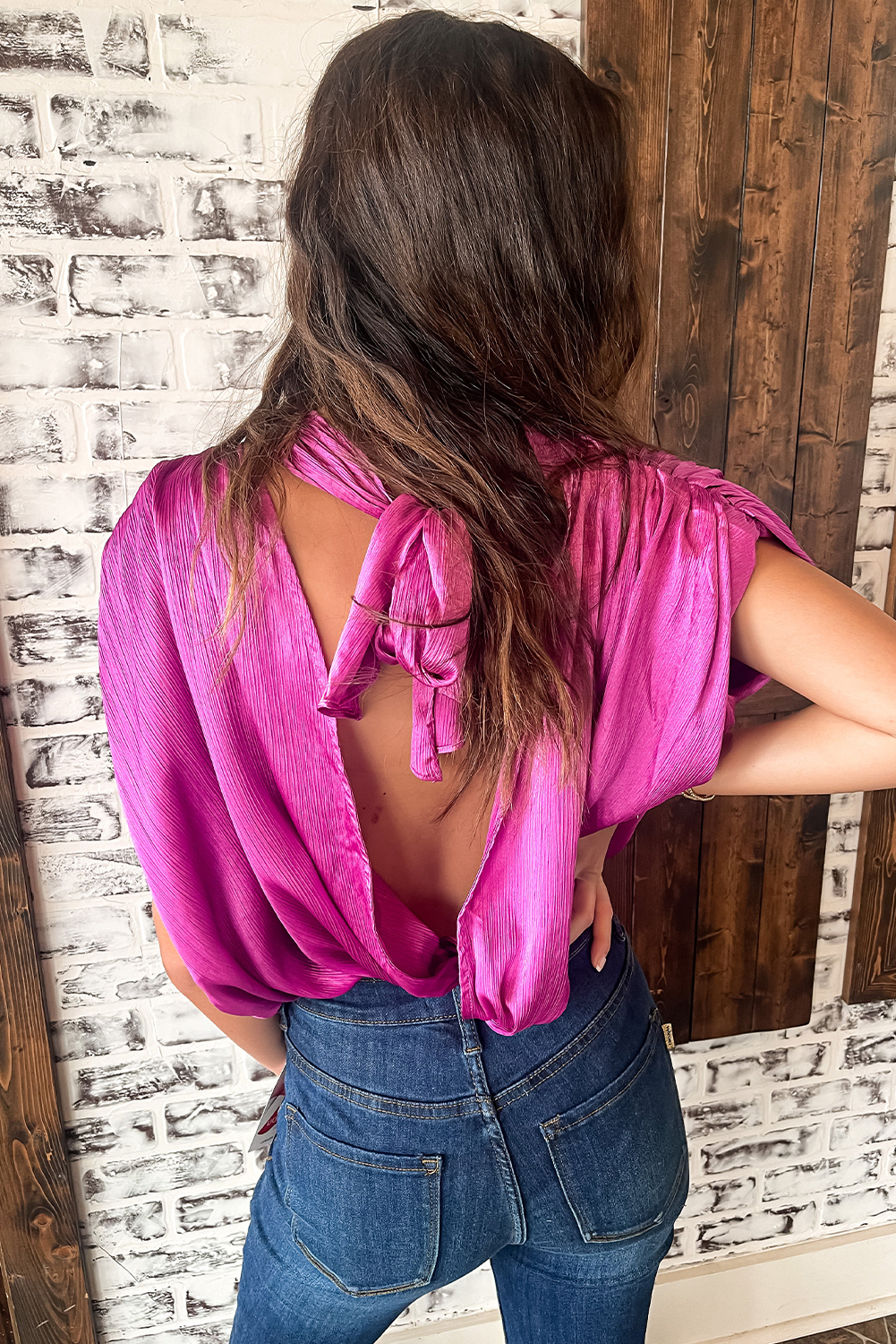 Bright Pink Ruched Sleeves Knotted Backless Blouse - loveforevers