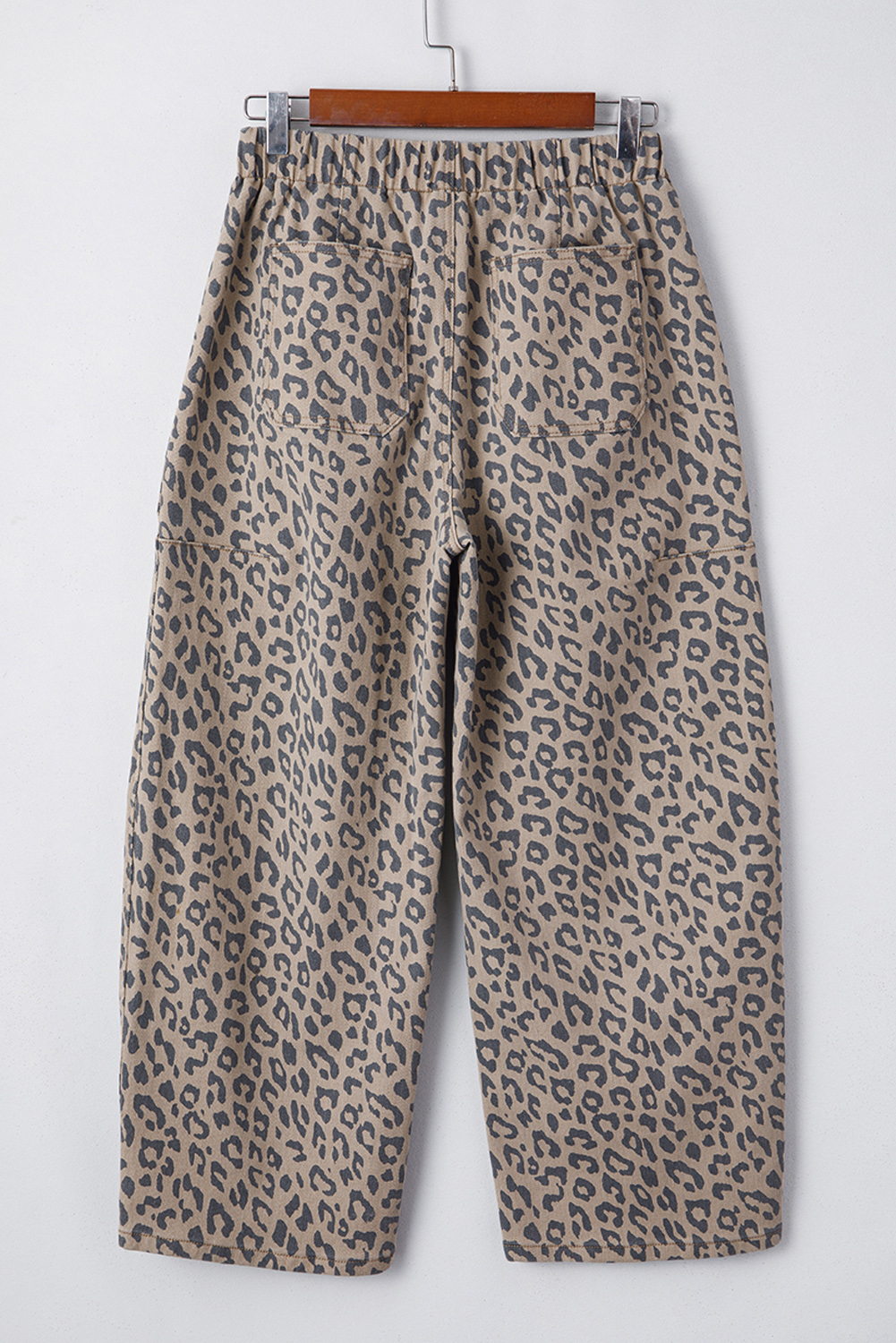 Khaki Leopard Printed Drawstring Elastic Waistband Pocketed Wide Leg Jeans - loveforevers