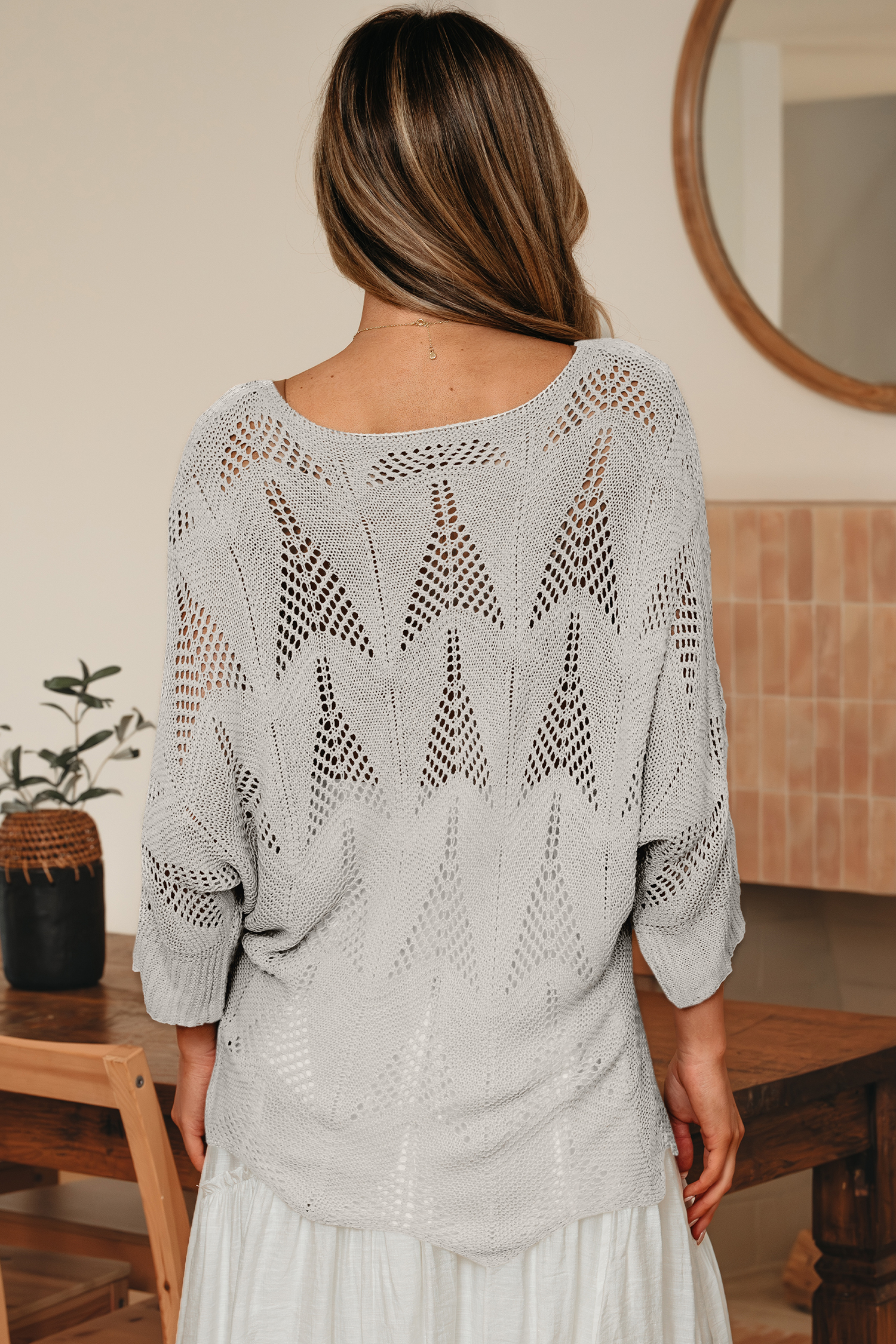 Navy Blue Hollow Out Knit 7/8 Sleeve Casual Sweater - loveforevers