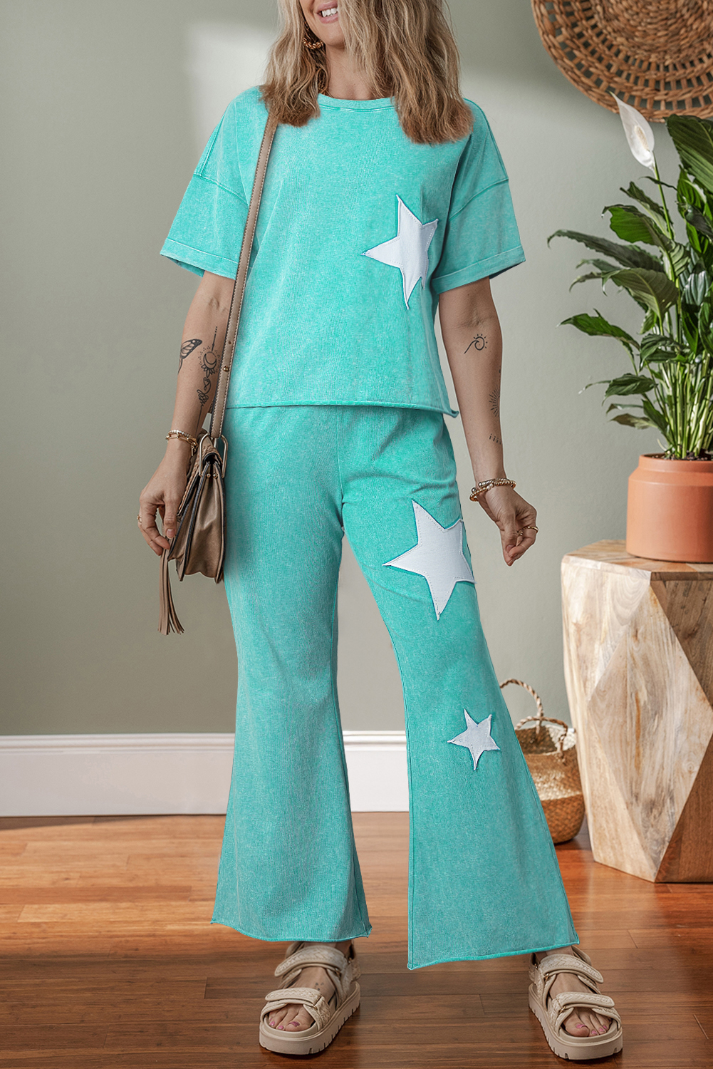 Light Pink Acid Wash Star Patched Rolled Trim Pants Set - loveforevers