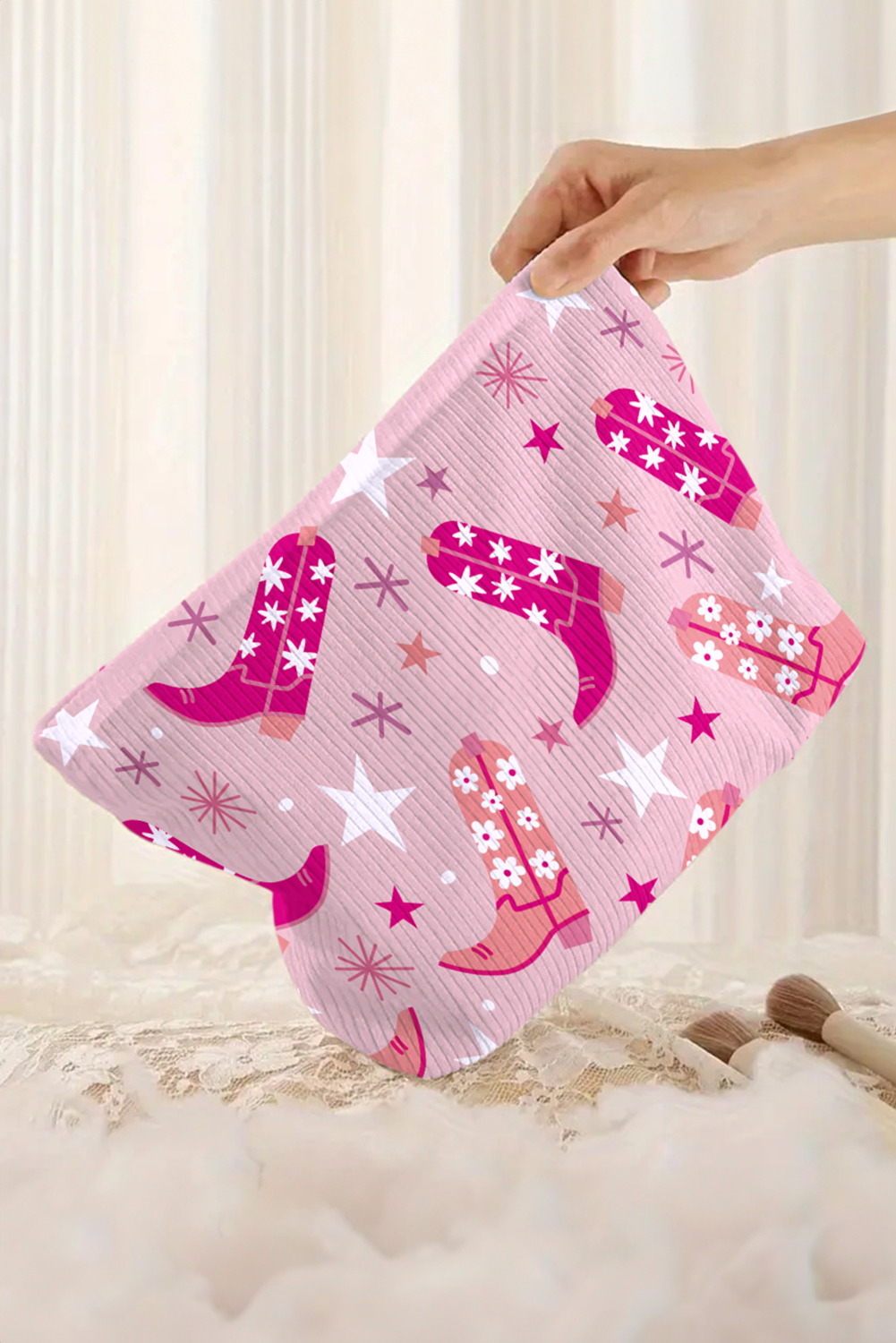 Pink Western Cowboy Boots Star Print Large Makeup Bag - loveforevers