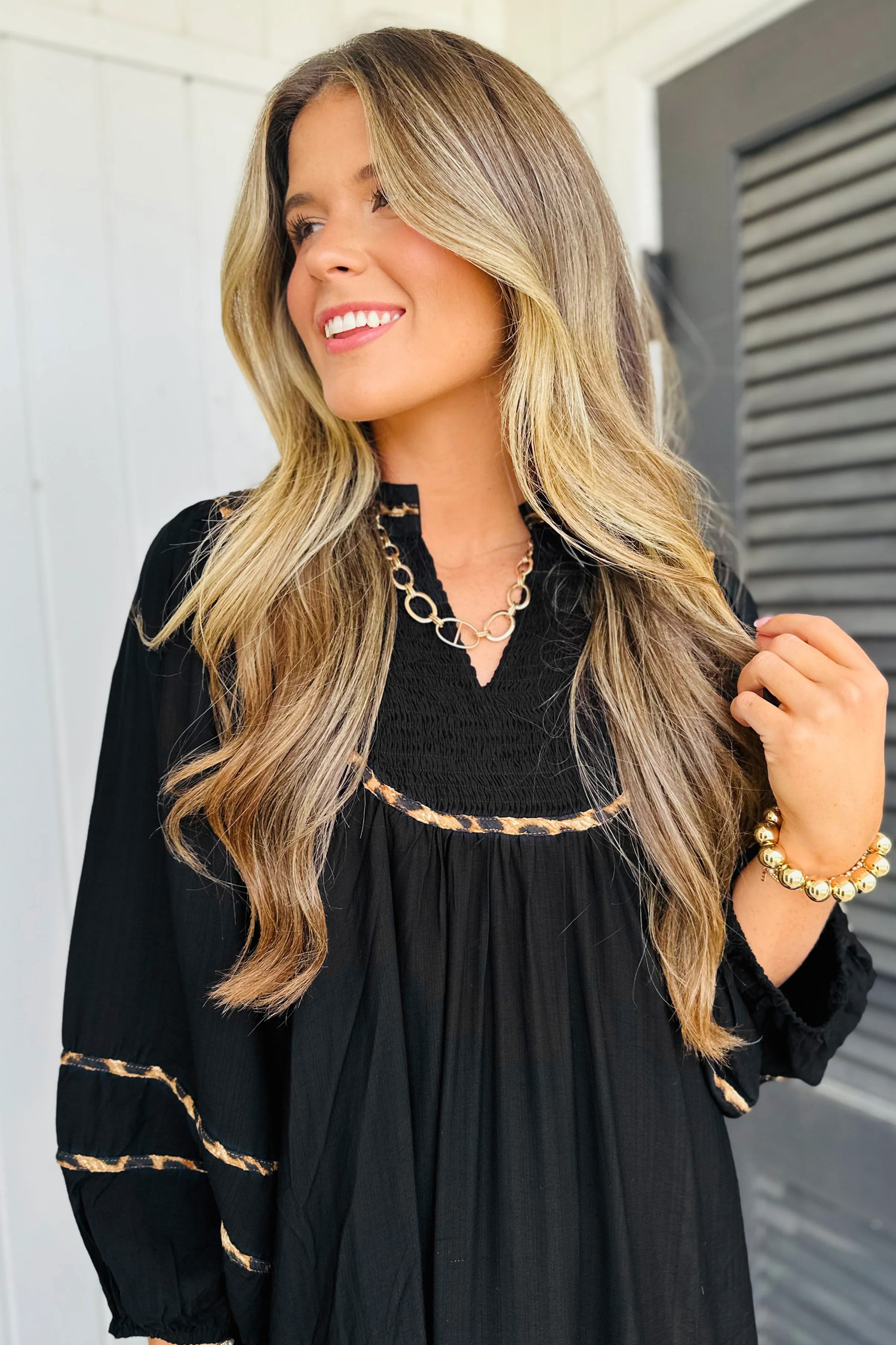 Black Contrast Leopard Trim Split Neck Long Sleeve Casual Midi Dress - loveforevers