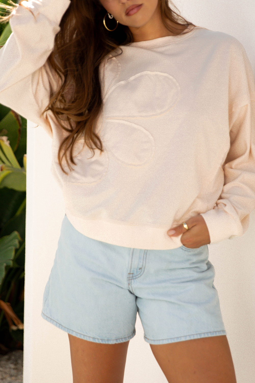 Beige Raw Edge Flower Patch Drop Shoulder Casual Top - loveforevers