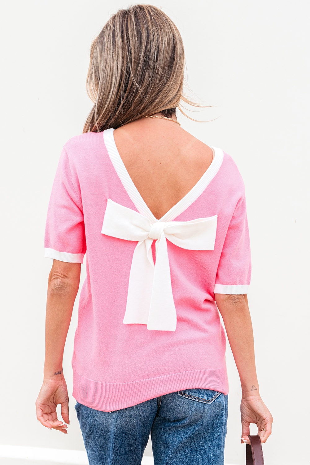 Bonbon Colorblock Bow V-Shape Cut Back Short Sleeve Sweater - loveforevers