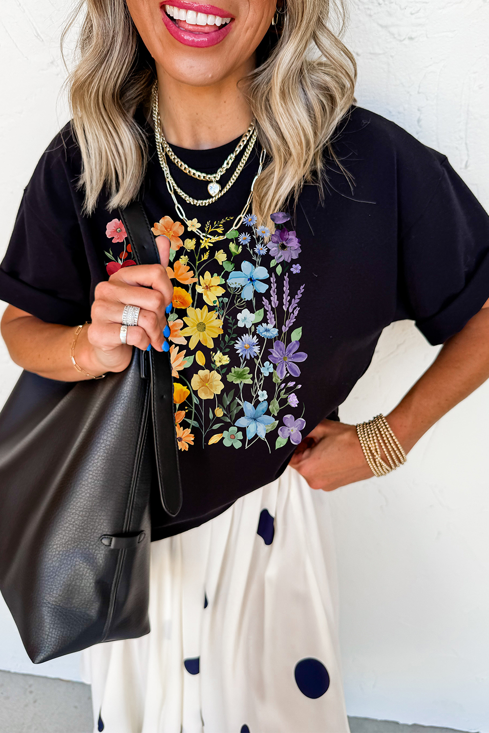 Black Beautiful Flower Print Cotton Blend Casual Tee - loveforevers