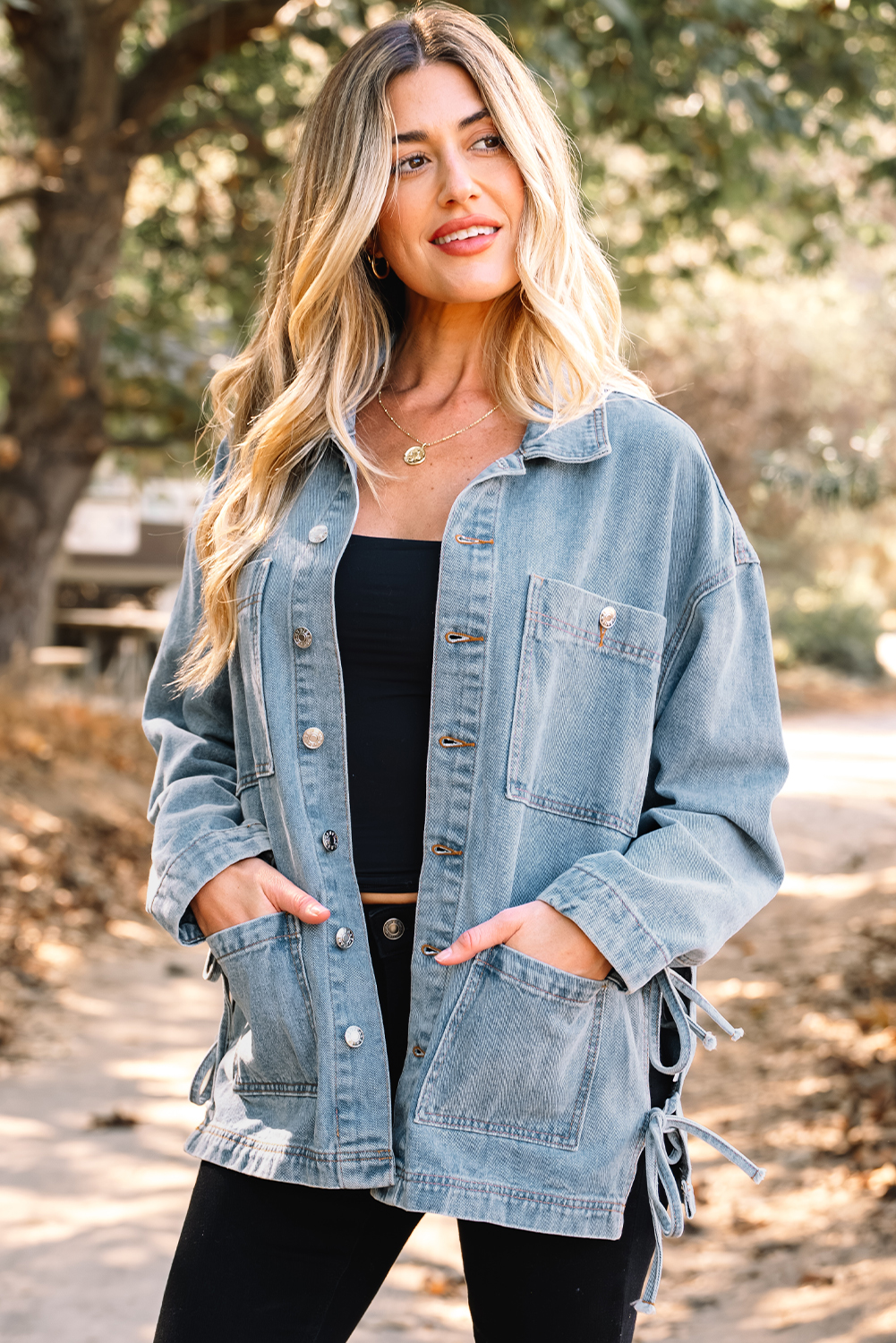 Beau Blue Multi Patched Pockets Side Tie up Boyfriend Style Denim Jacket - loveforevers