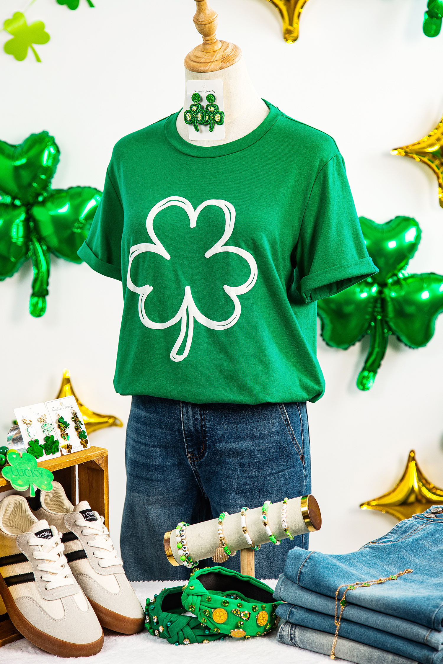 Bright Green St Patricks Day Lucky Shamrock Printed Casual Tee - loveforevers