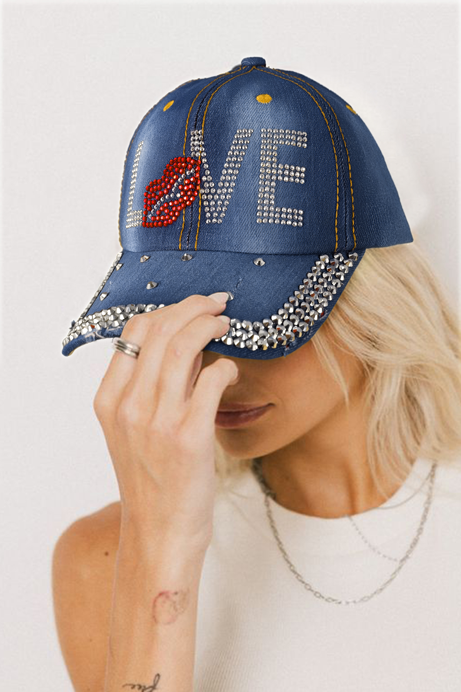 Ashleigh Blue Rhinestone Embellished LOVE Lip Denim Baseball Cap - loveforevers