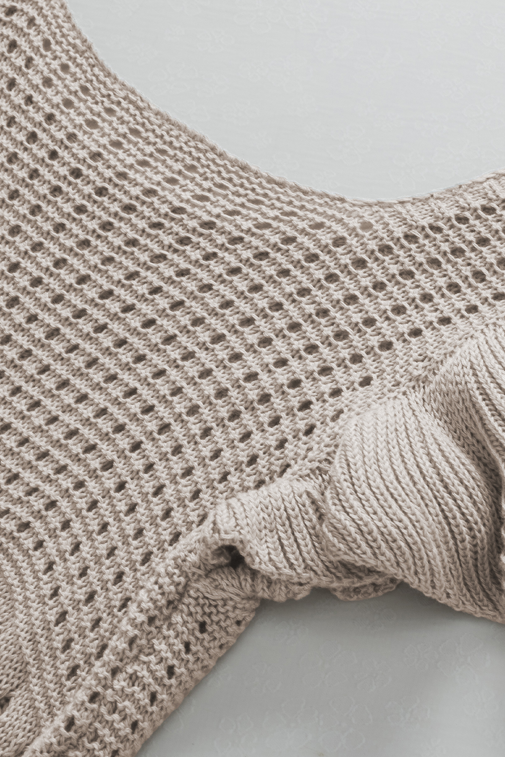Beige Pointelle Knit Flutter Sleeve Sweater - loveforevers