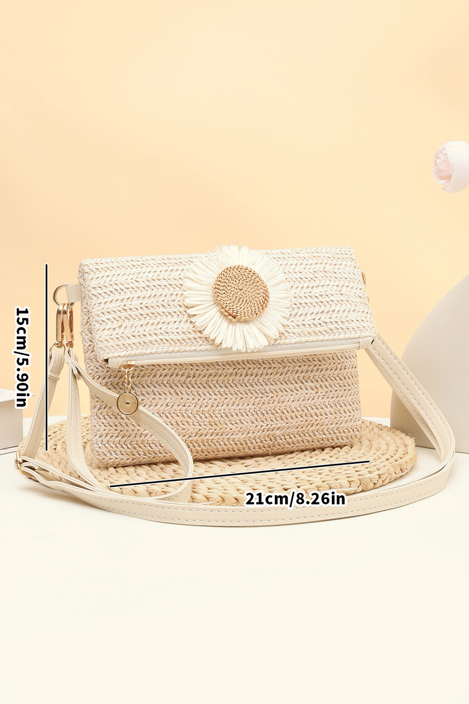 White Daisy Flower Straw Woven Zip Folded Magnetic Button Shoulder Bag - loveforevers