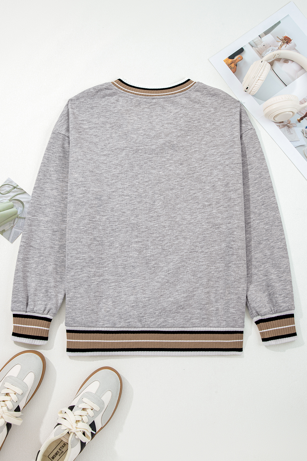 Gray Varsity Contrast Striped Trim V Neck Sweatshirt - loveforevers