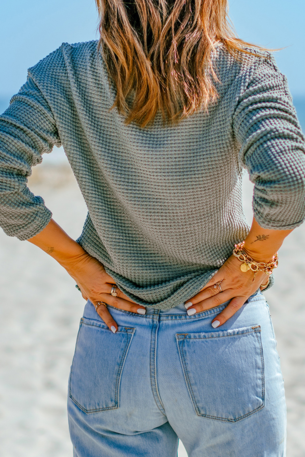 Green Waffle Knit Drop Shoulder Long Sleeve Top - loveforevers