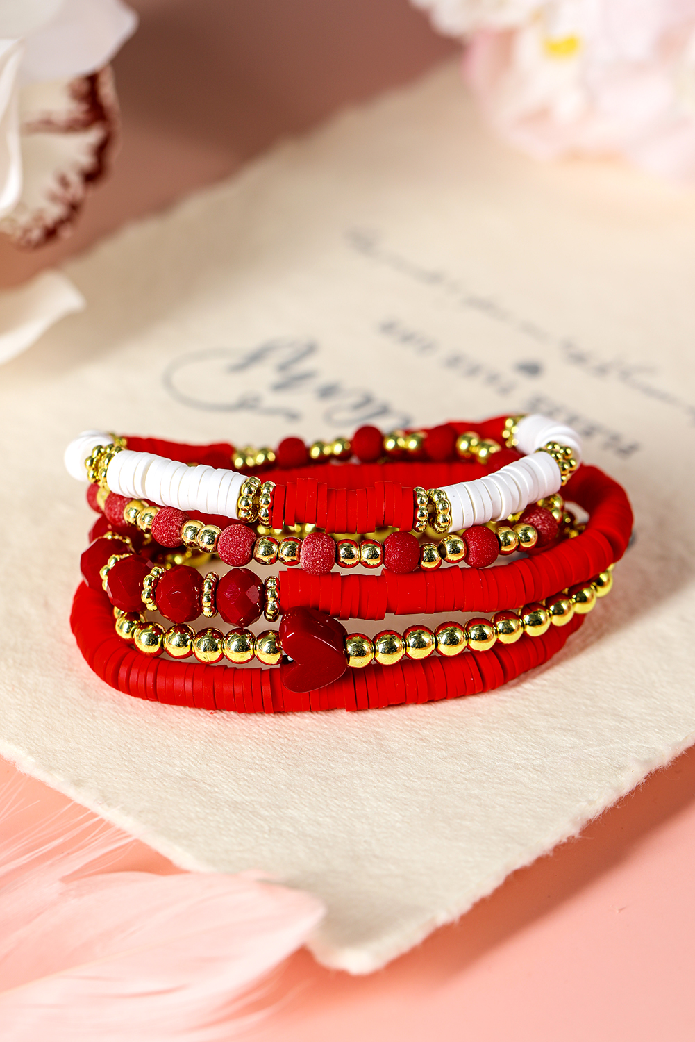 Fiery Red Heart Beaded Multi Layered Elastic Bracelet Set - loveforevers