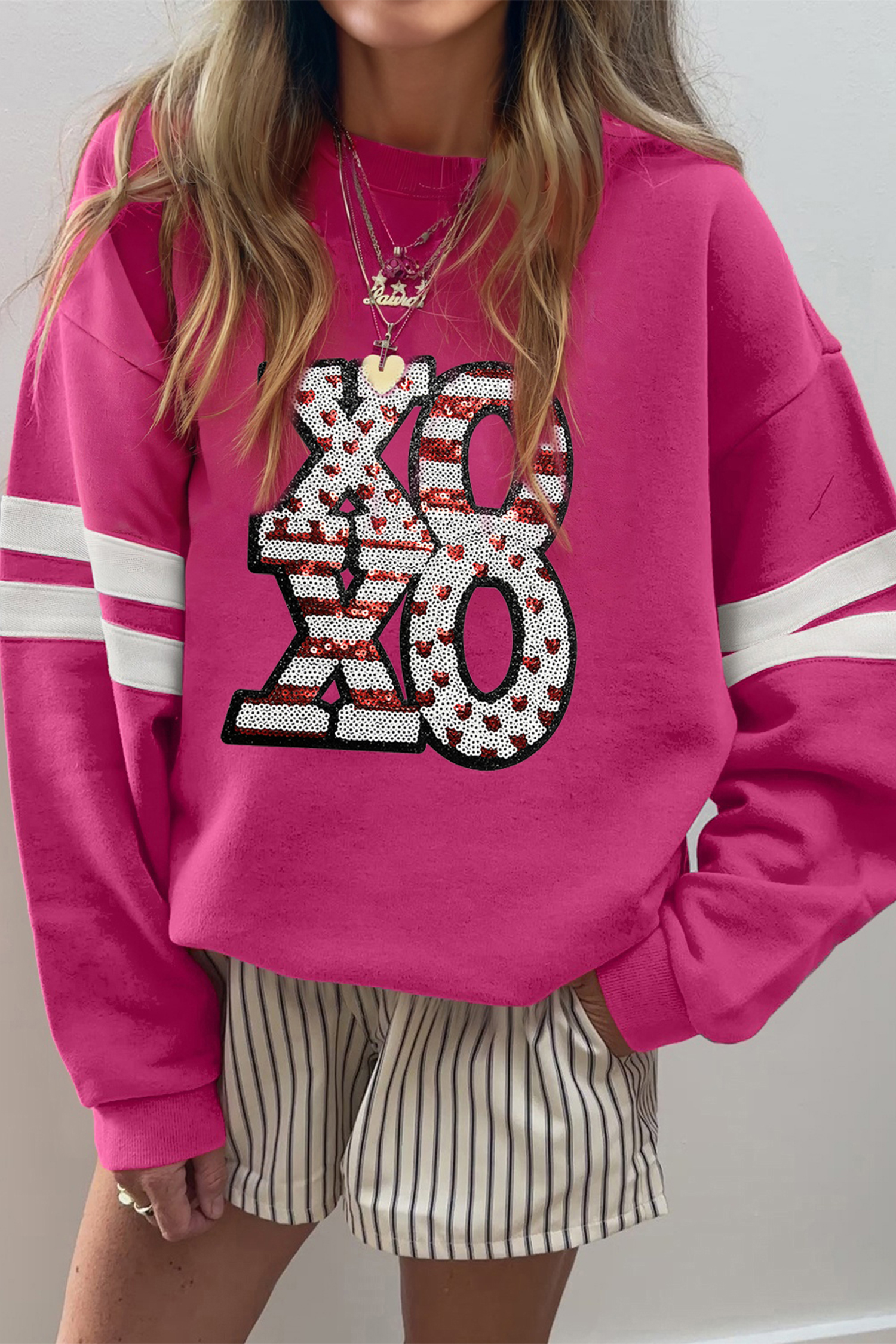 Rose Red Oversized Varsity Drop Shoulder Sequined XOXO Valentine Sweatshirt - loveforevers