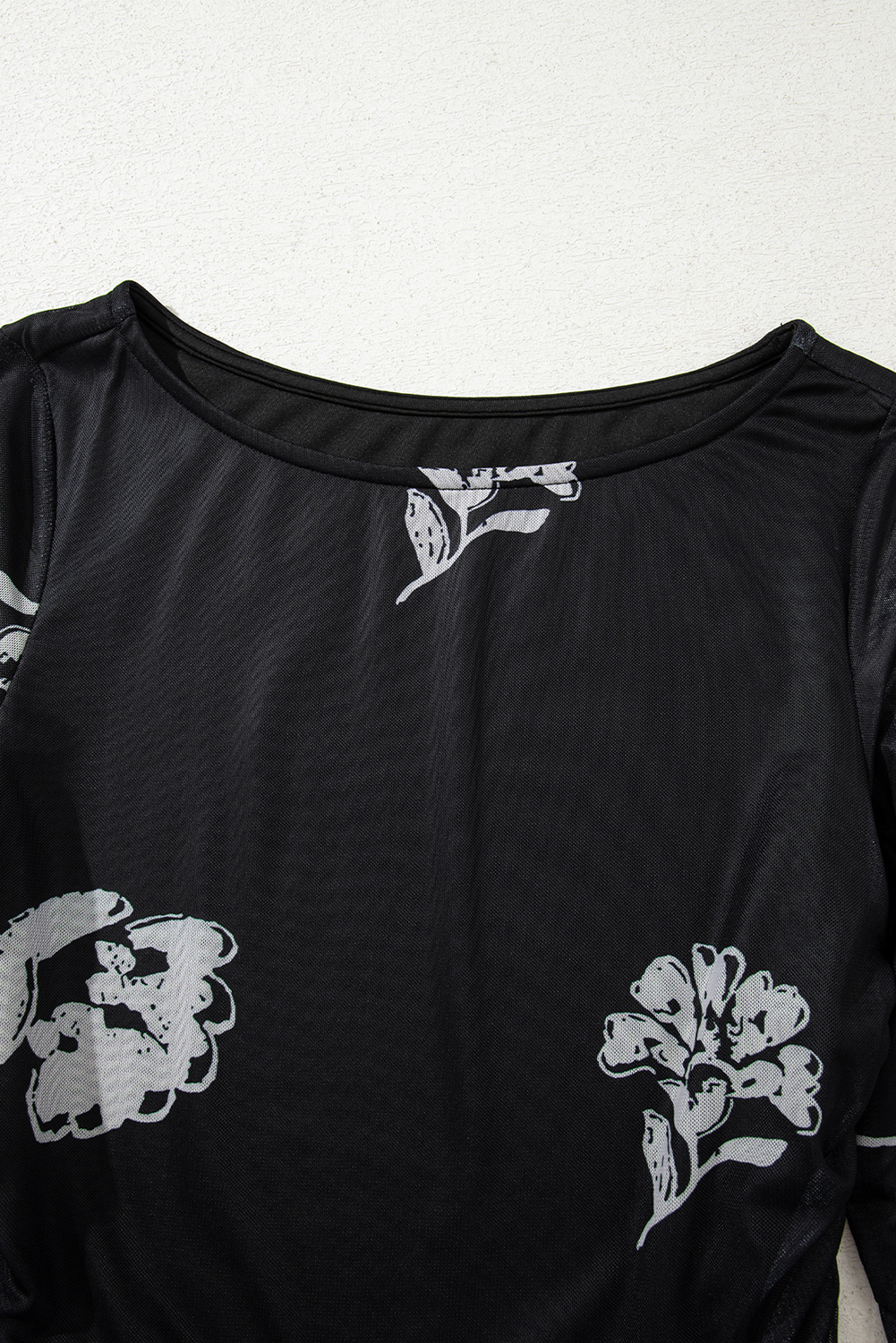 Black Floral Print Sleek Bodice Mesh Long Sleeve Top - loveforevers