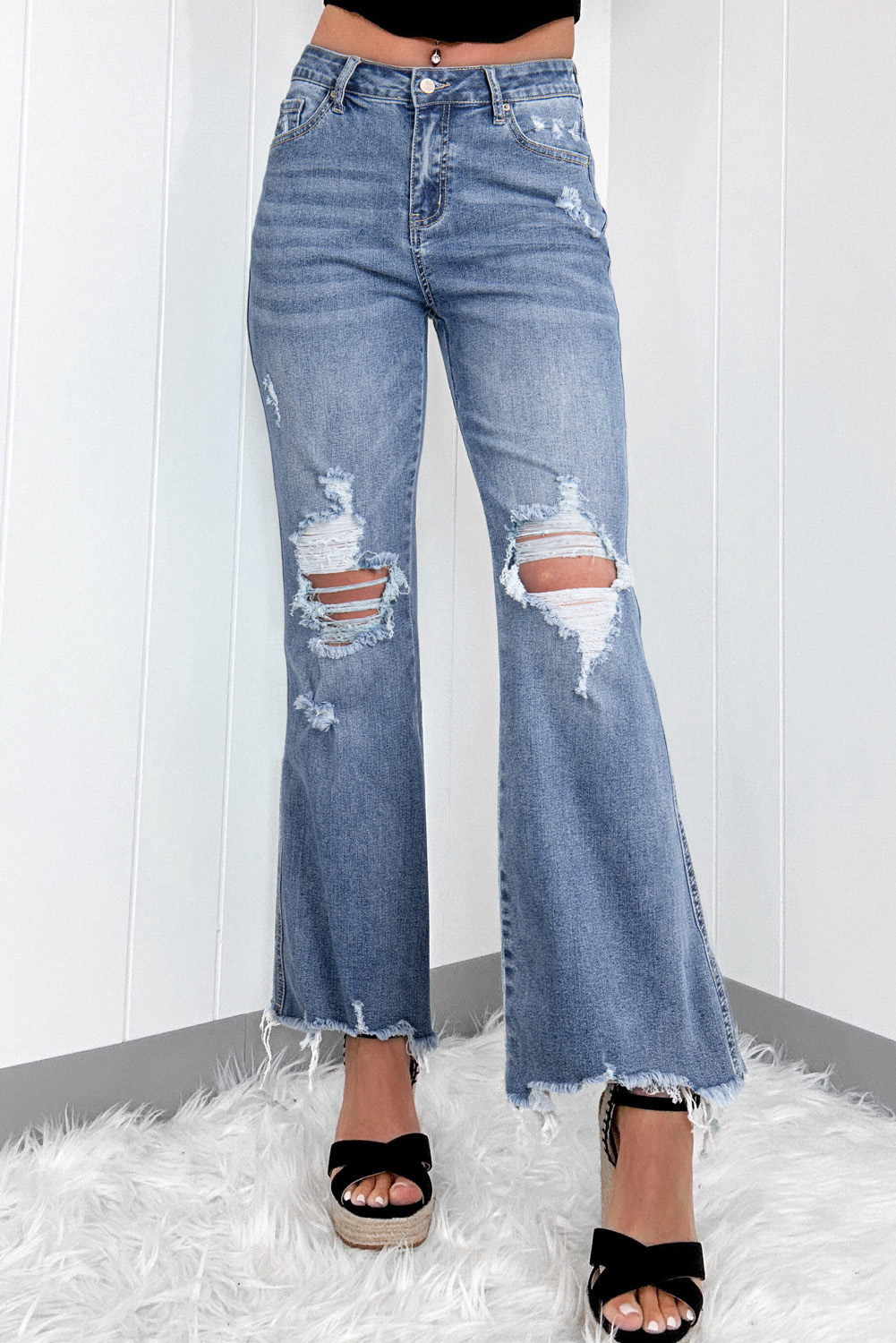 Dusk Blue High Rise Ripped Distressed Hem Flared Jeans - loveforevers