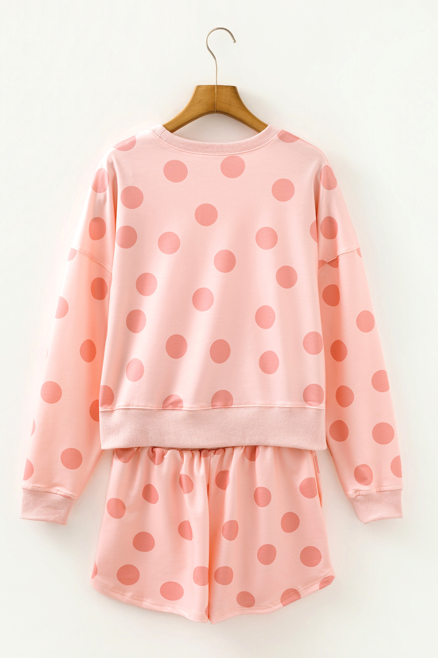 Beige Polka Dot Print Drop Shoulder Pullover Drawstring Jogger Pant Set - loveforevers