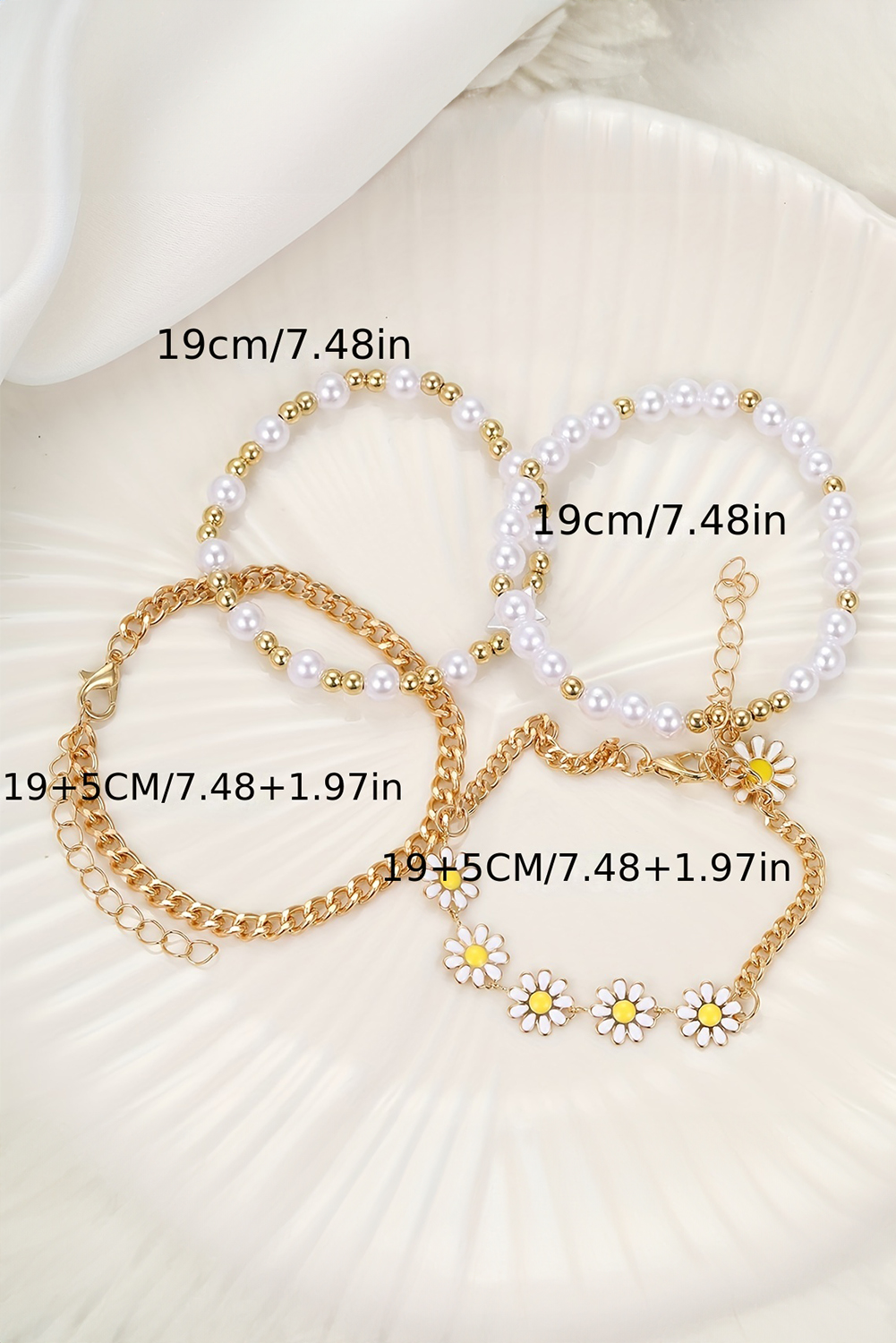 White 4pcs Daisy Pearl Beaded Chain Bracelet Set - loveforevers