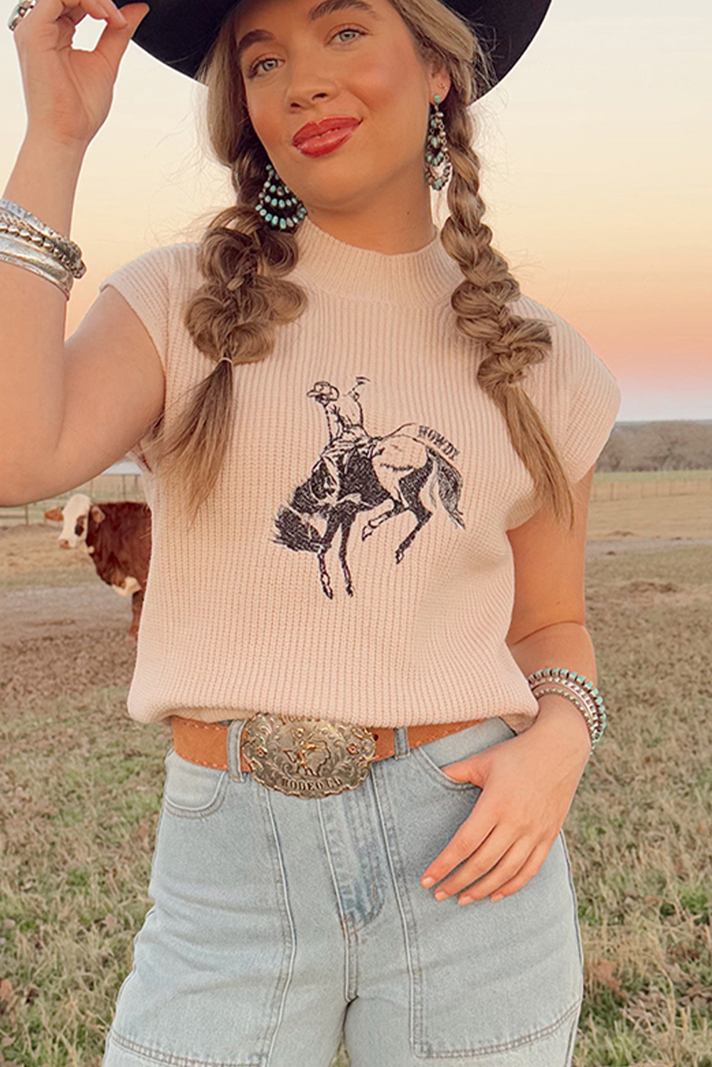 Black Western Cowboy Embroidery Round Neck Sleeveless Sweater - loveforevers